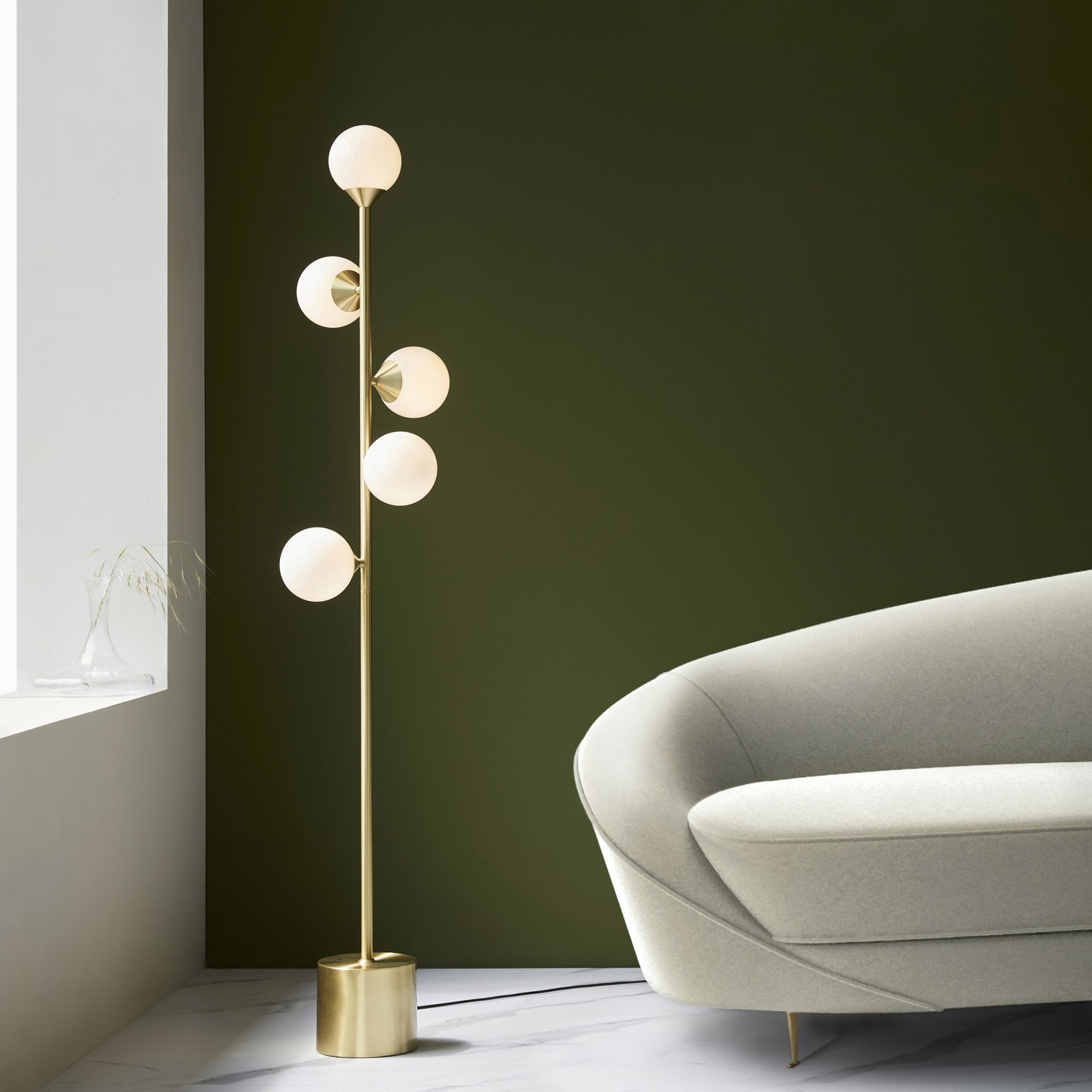 Utopia Lustre Floor Lamp - Satin Brass Plate & Gloss White Glass