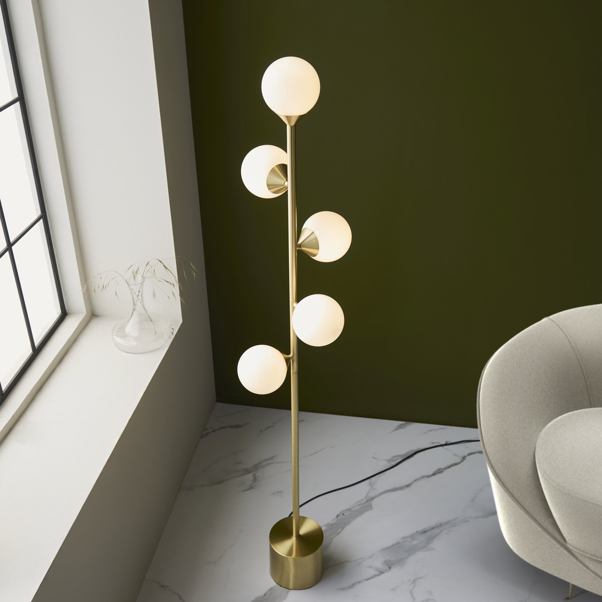 Utopia Lustre Floor Lamp - Satin Brass Plate & Gloss White Glass