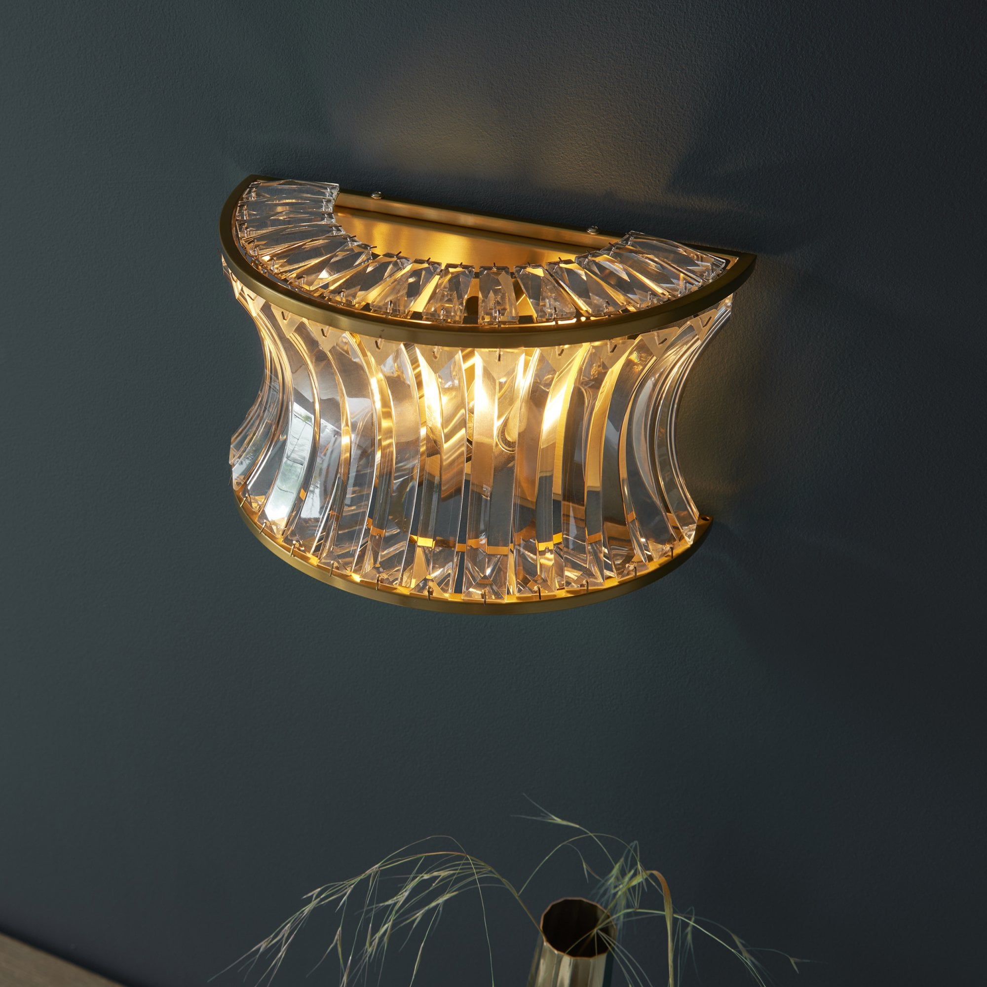 Utopia Bow 2 Light Wall Light - Warm Brass Plate with Crystal & Clear Glass