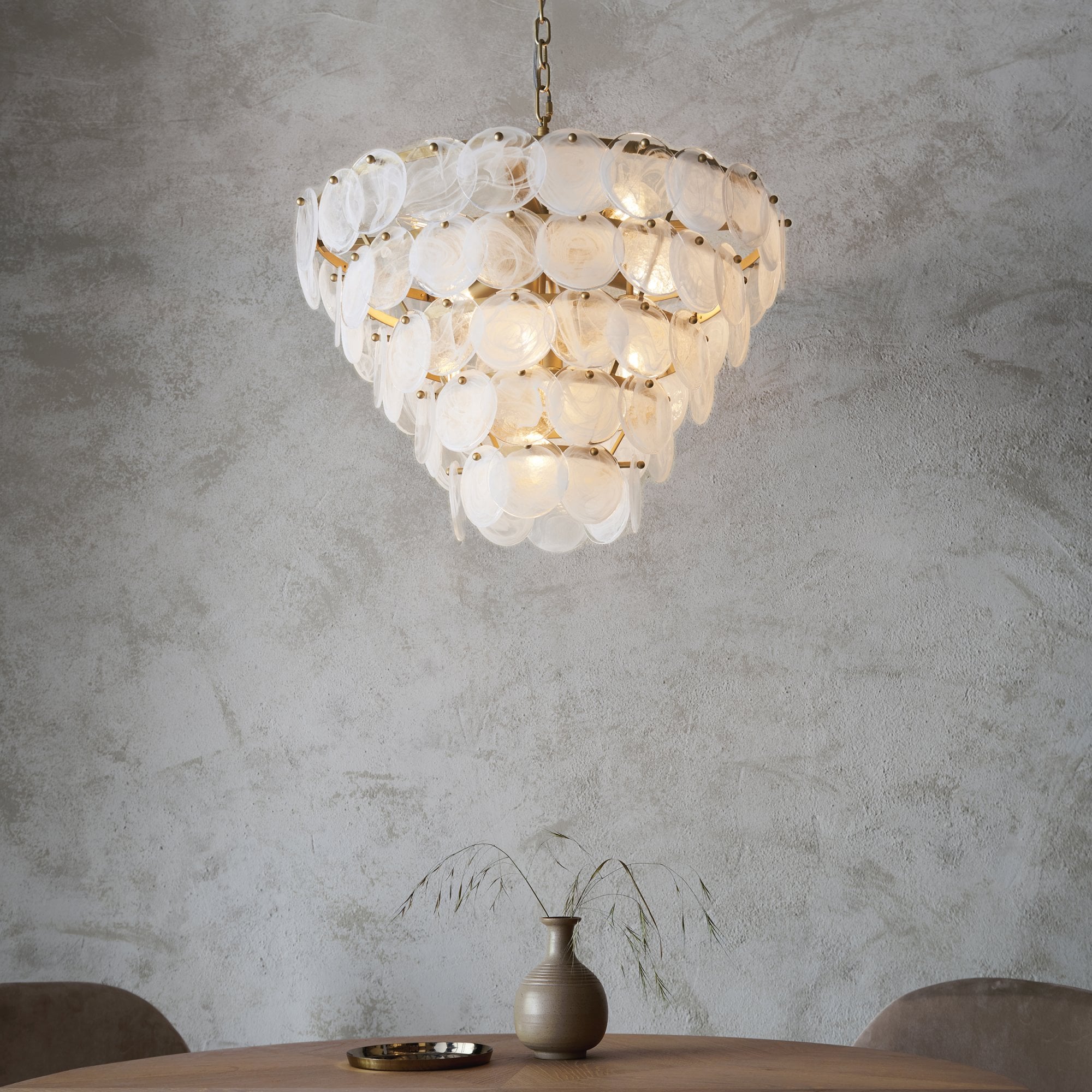 Utopia Scale 9 Light Pendant Chandelier - Antique Gold Paint with White & Clear Glass