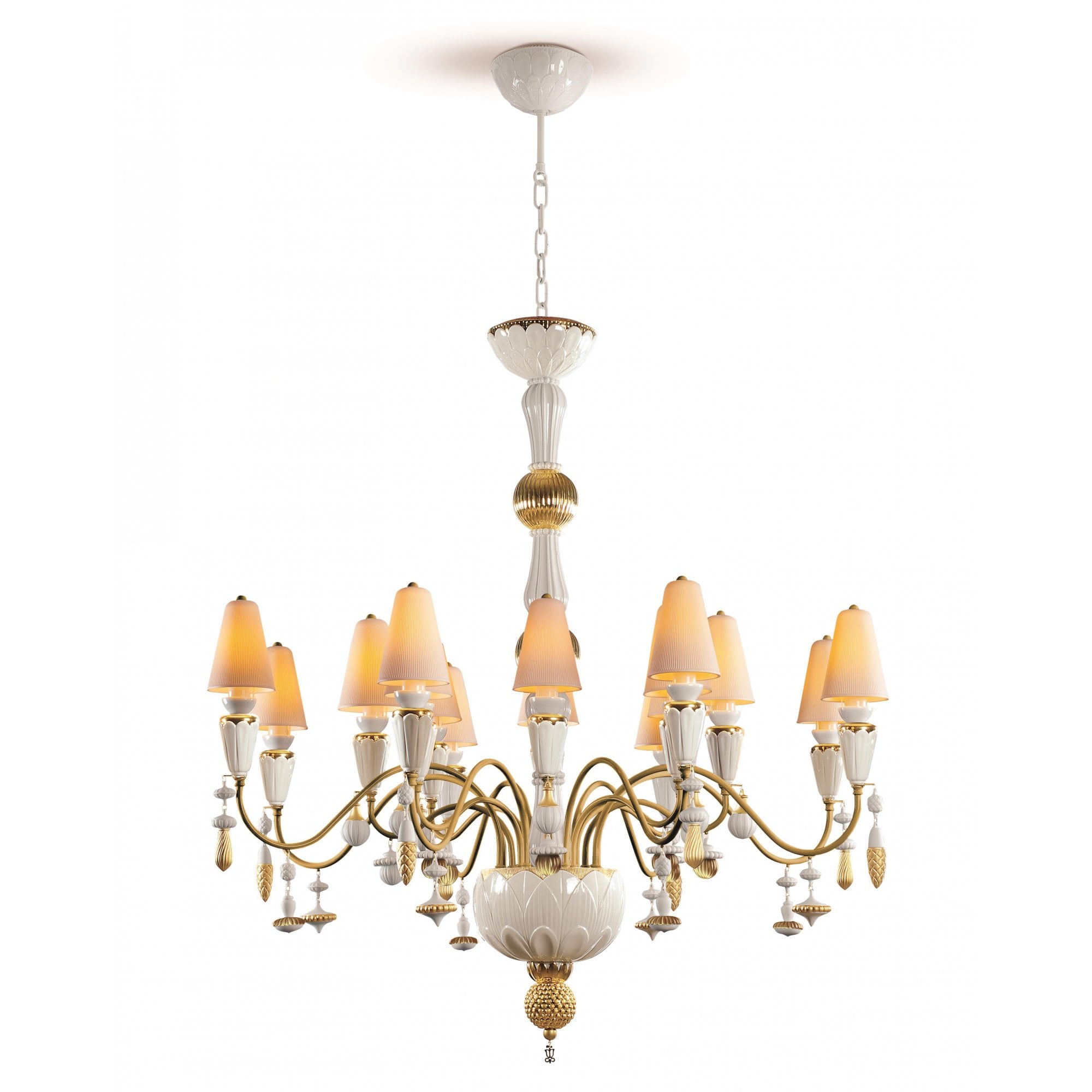 Lladro Ivy & Seed Medium Flat 16 Light Chandelier - White & Golden Luster