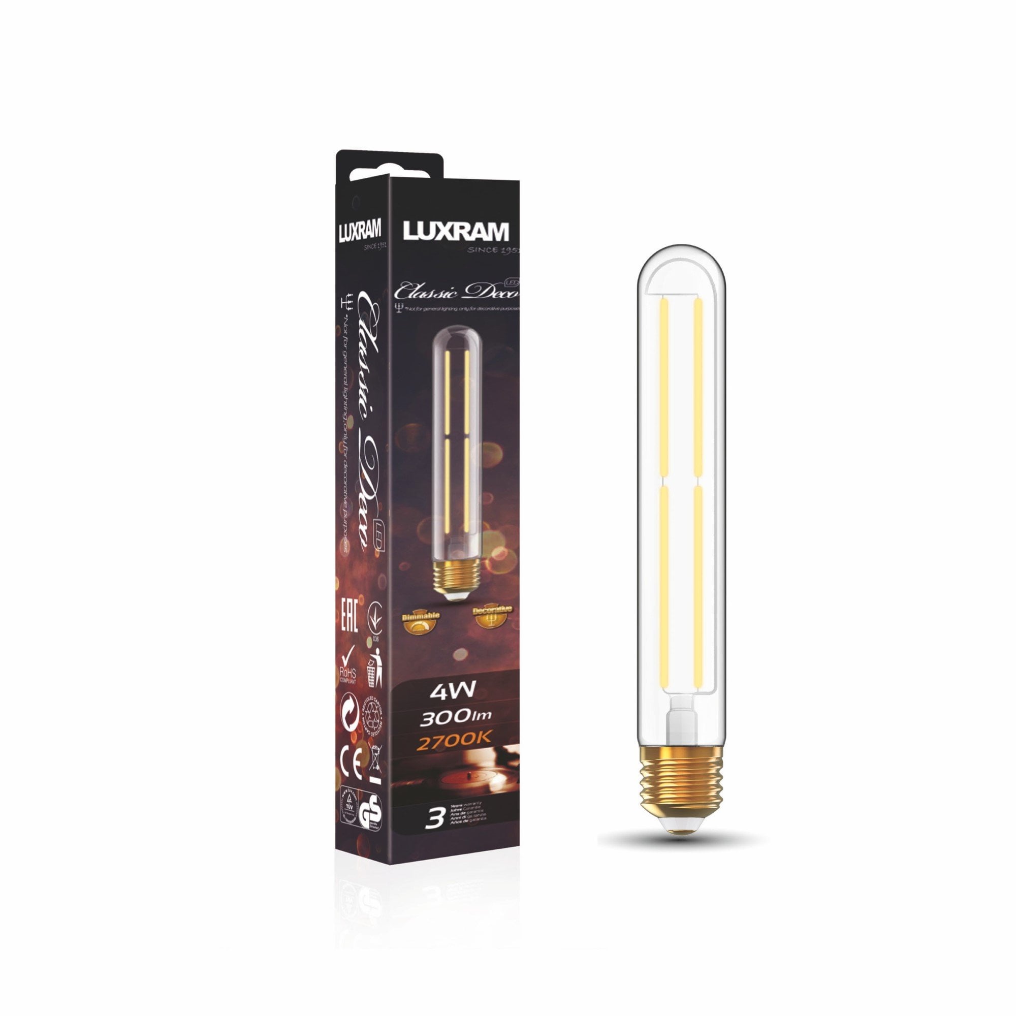 Luxram Classic Deco 4W 185m Tubular E27 LED Warm White - 2700K (Dimmable)