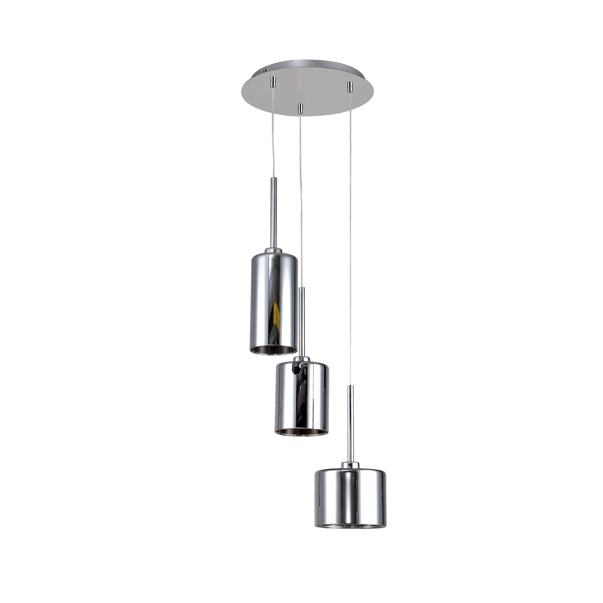 Fabula Tamworth 3 Light Round Pendant - Mixed Cylinder Shades - Polished Chrome & Chrome Glass