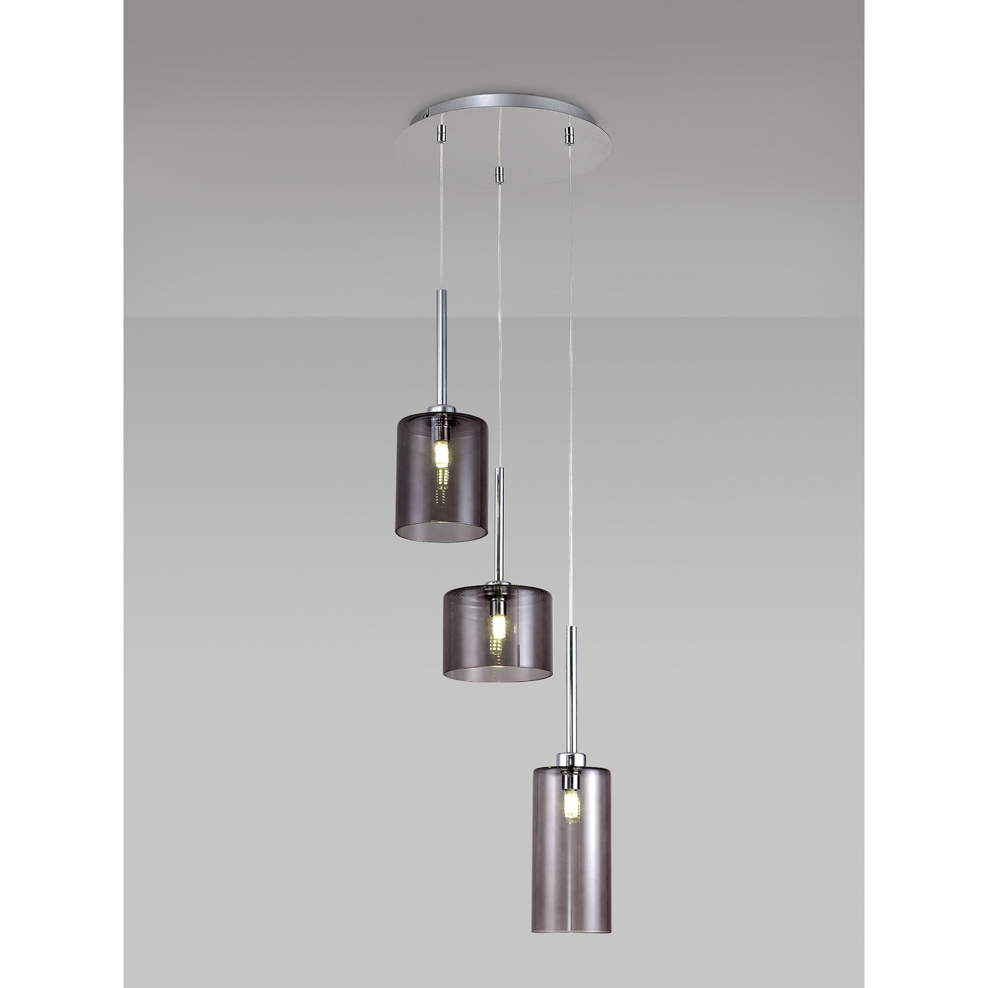 Fabula Tamworth 3 Light Round Pendant - Mixed Cylinder Shades - Polished Chrome & Smoked Glass
