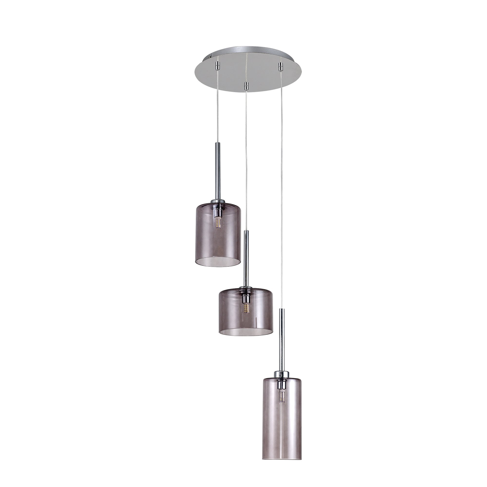Fabula Tamworth 3 Light Round Pendant - Mixed Cylinder Shades - Polished Chrome & Smoked Glass