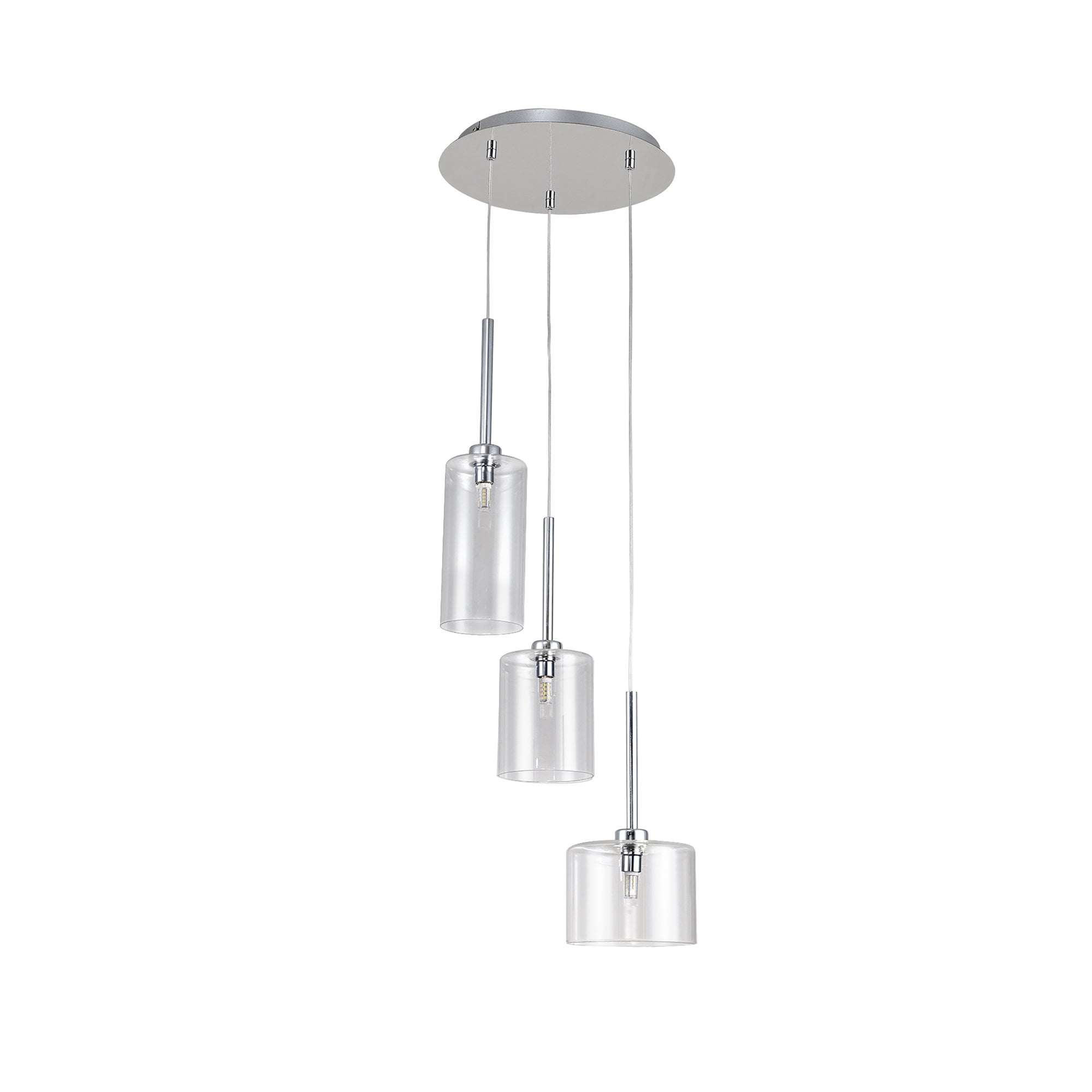 Fabula Tamworth 3 Light Round Pendant - Mixed Cylinder Shades - Polished Chrome & Clear Glass