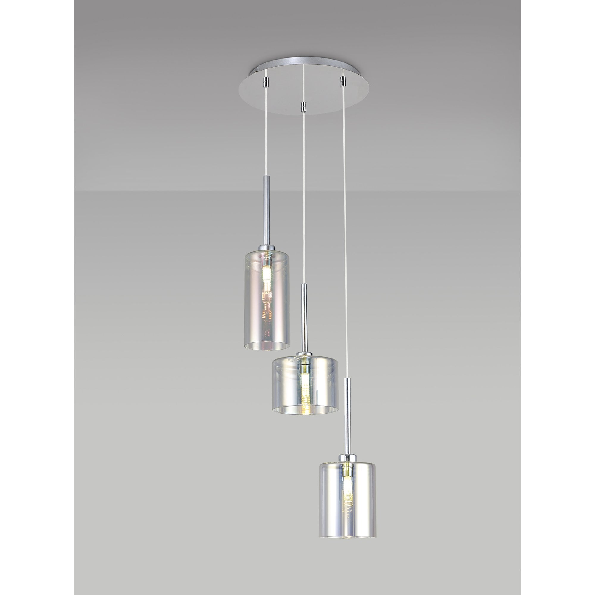 Fabula Tamworth 3 Light Round Pendant - Mixed Cylinder Shades - Polished Chrome & Iridescent Glass
