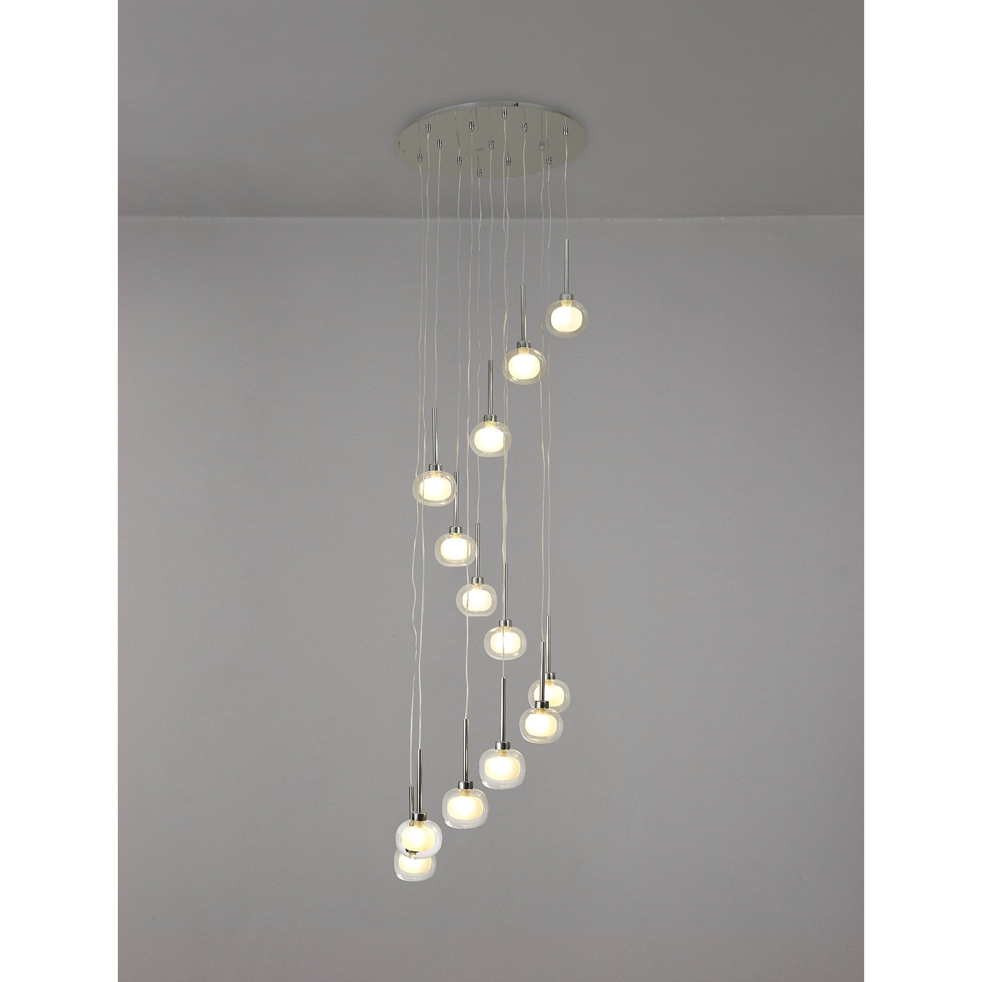 Fabula Tamworth 13 Light Round Pendant - Flattened Round Shades with Inner Frosted Globes - Polished Chrome, Clear & Frosted Glass