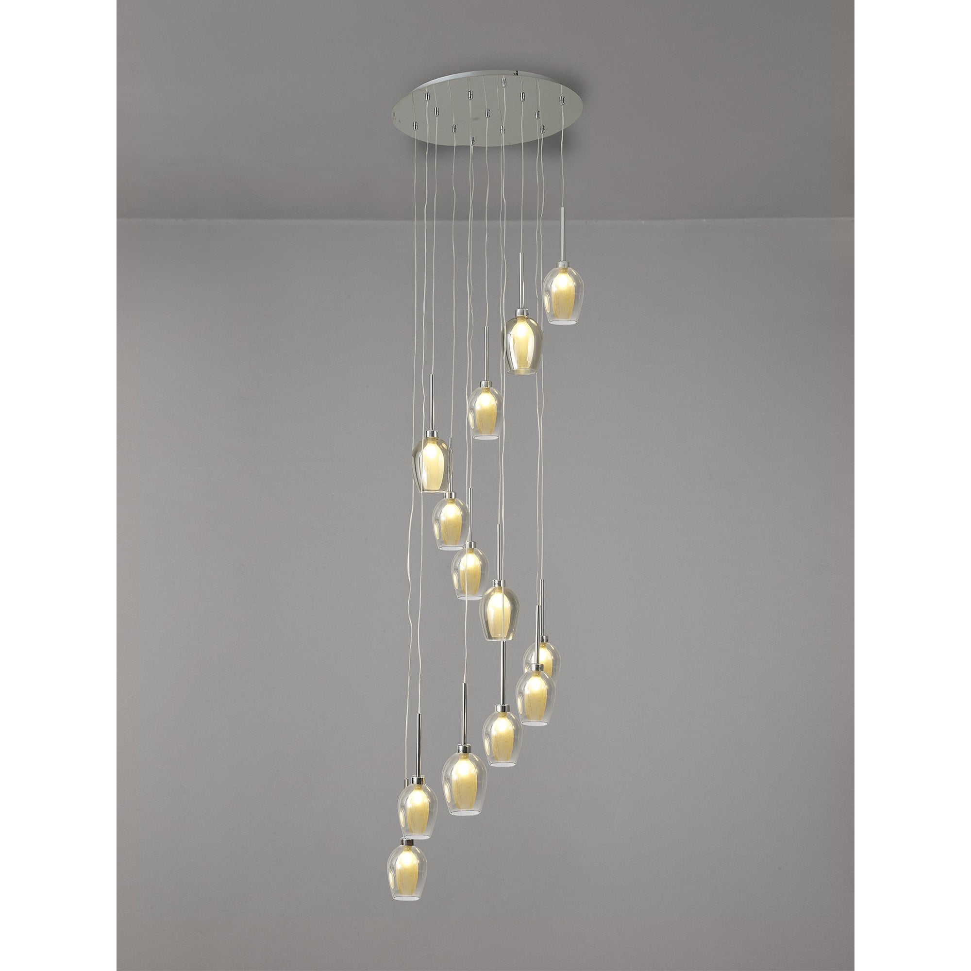 Fabula Tamworth 13 Light Round Pendant - Wine Glass Shades with Inner Frosted Glass - Polished Chrome, Smoked & Frosted Glass