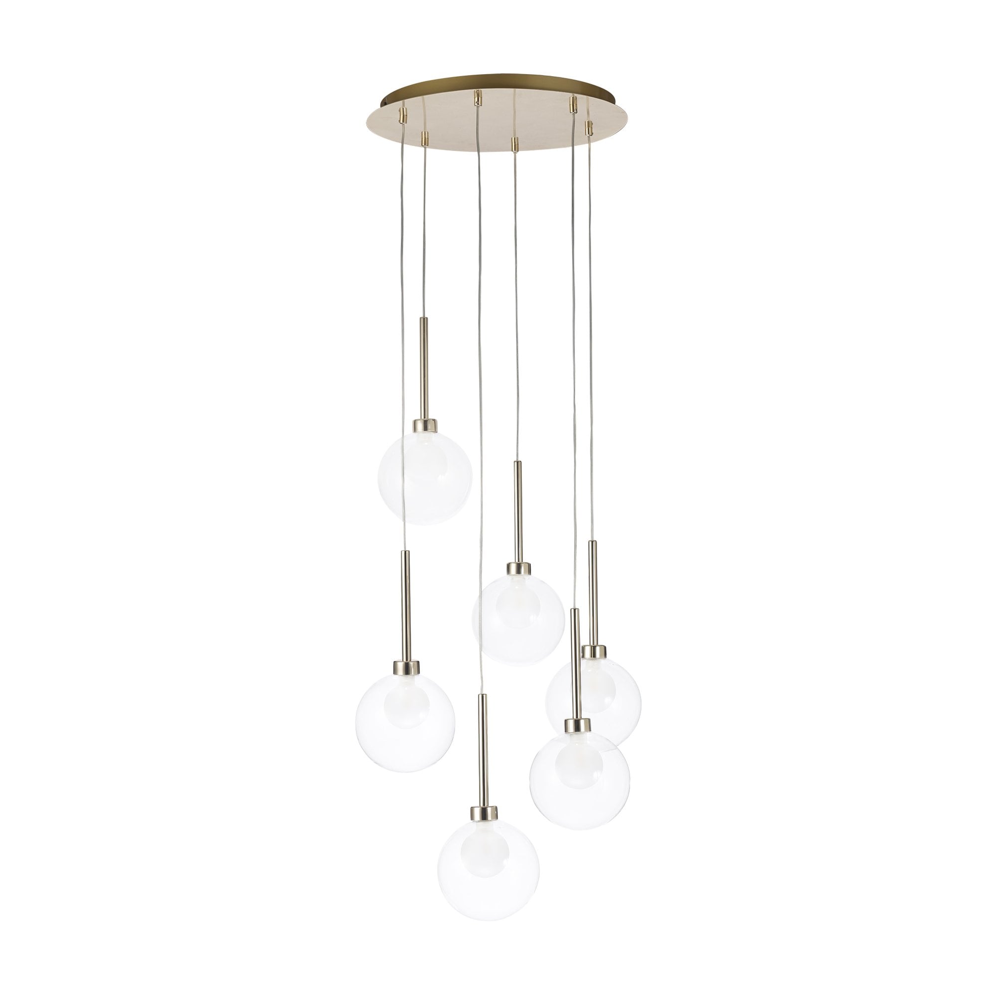 Fabula Tamworth 6 Light Round Pendant - Round Shades with Inner Frosted Globes - French Gold, Clear & Frosted Glass