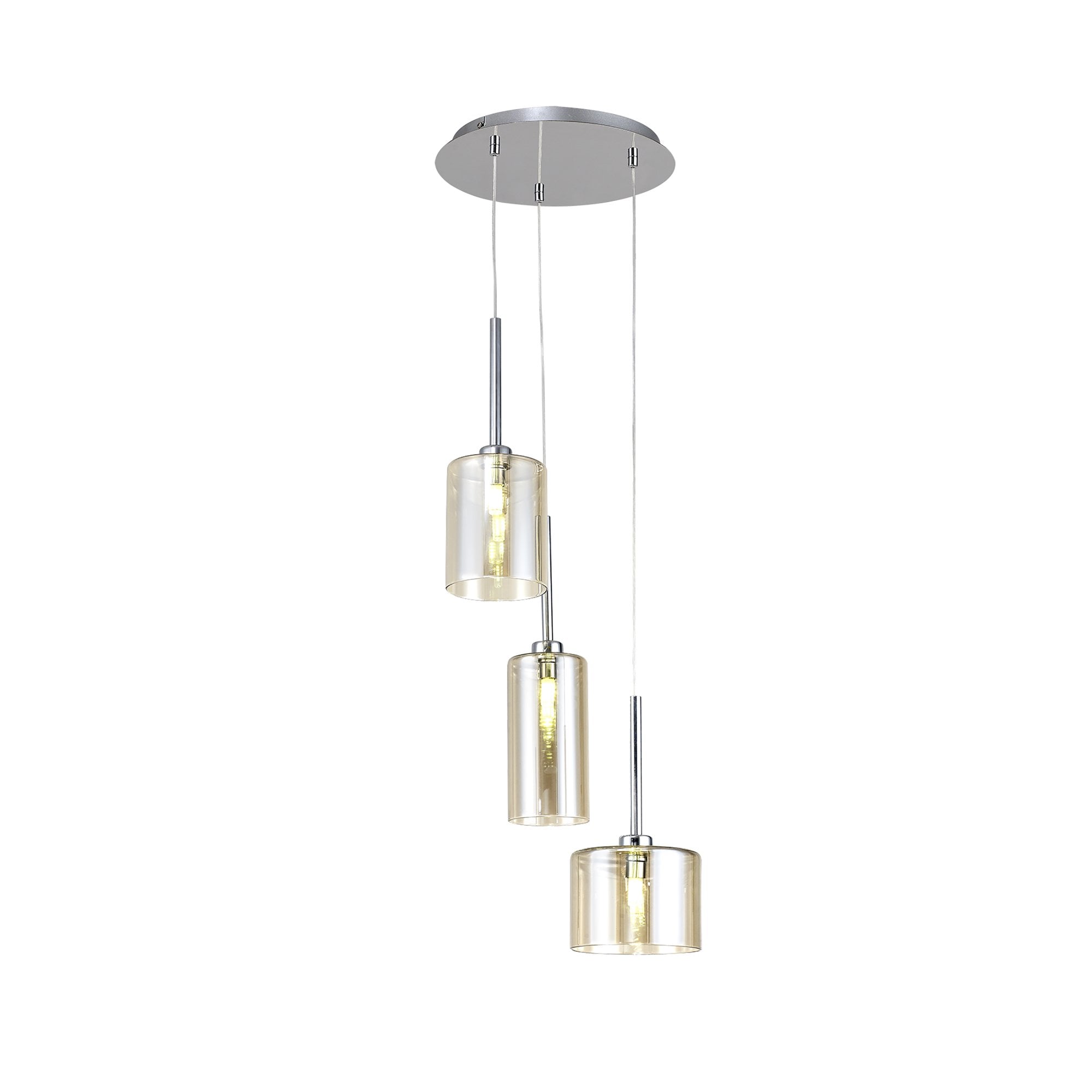 Fabula Tamworth 3 Light Round Pendant - Mixed Cylinder Shades - Polished Chrome & Cognac Glass