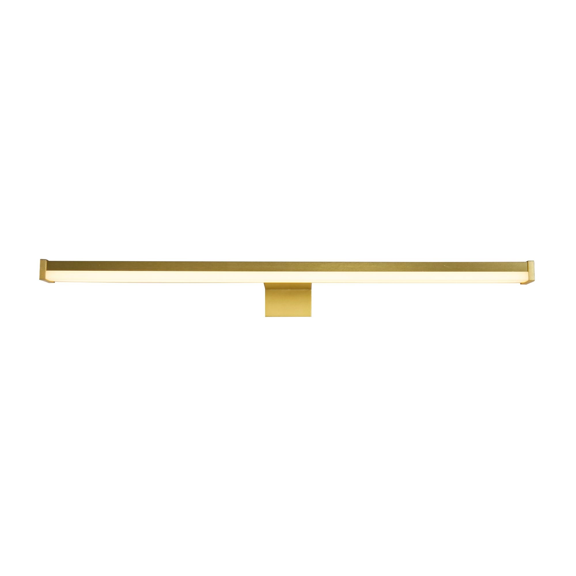 Searchlight Kos LED bathroom mirror light in matt gold, slim bar with central bracket, studio shot, illuminated