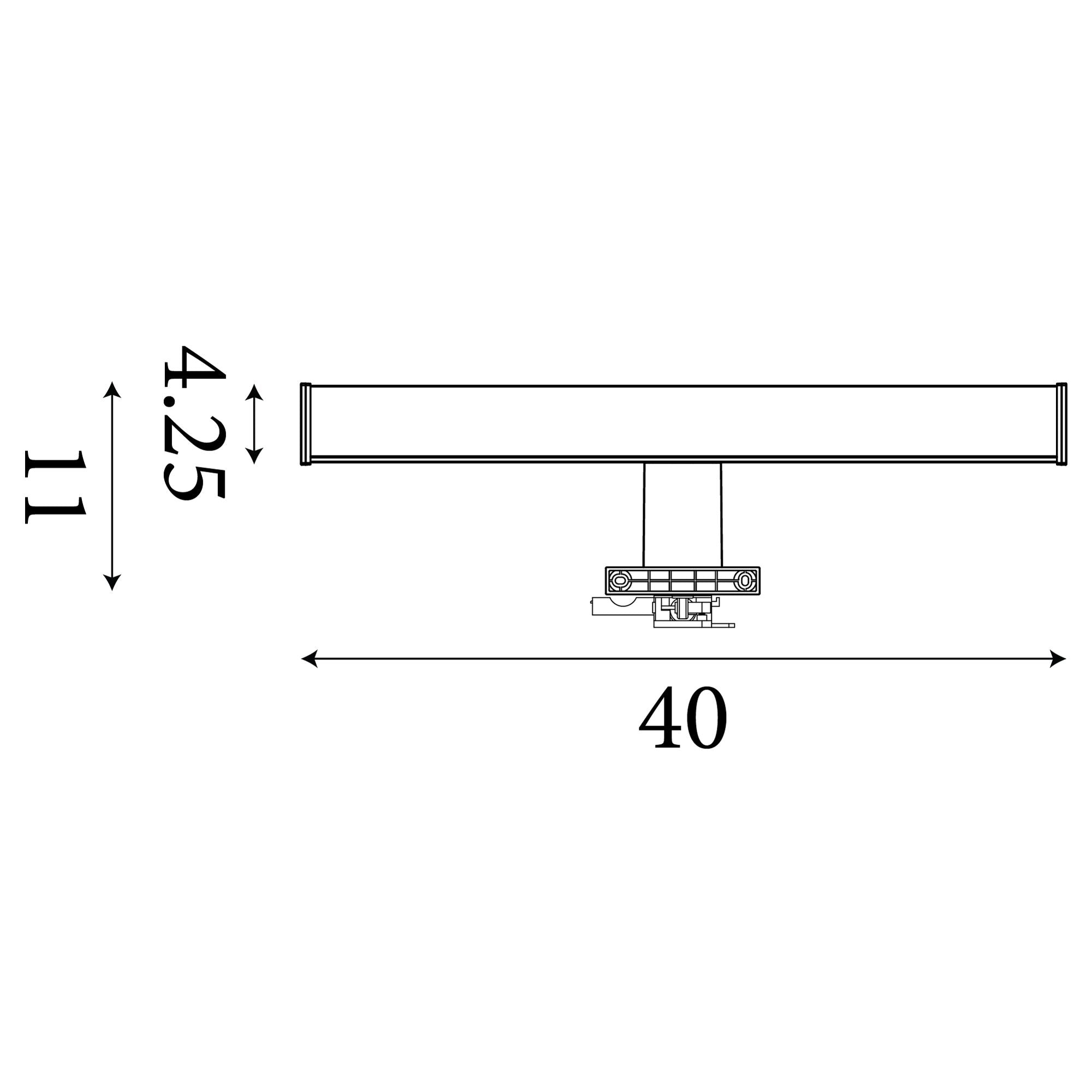 Technical dimension drawing of the Kos mirror light, 40cm wide by 11cm deep