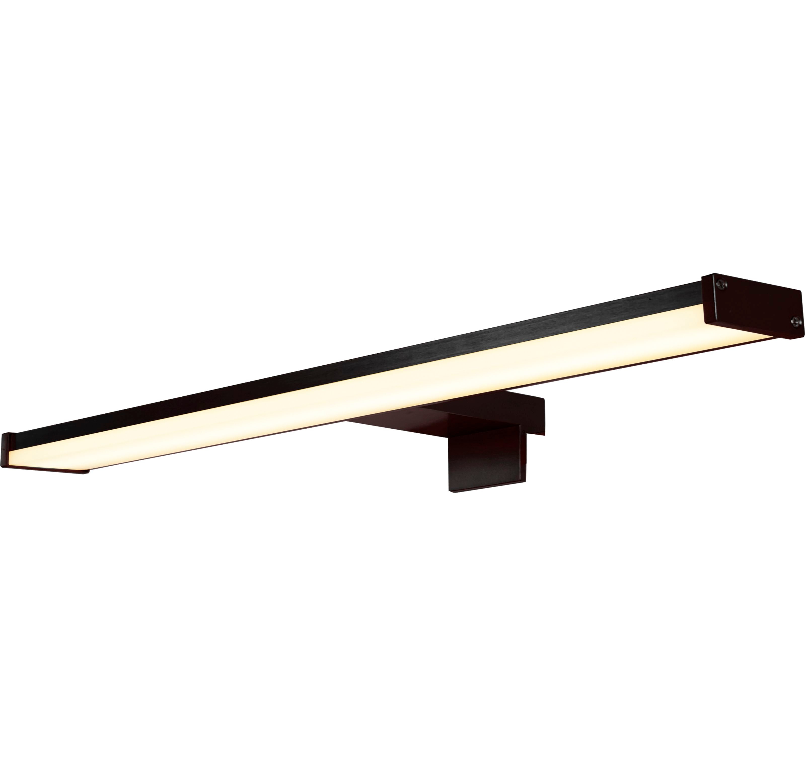 Searchlight Kos LED bathroom mirror light in matt black, slim bar with central bracket, angled studio shot, illuminated