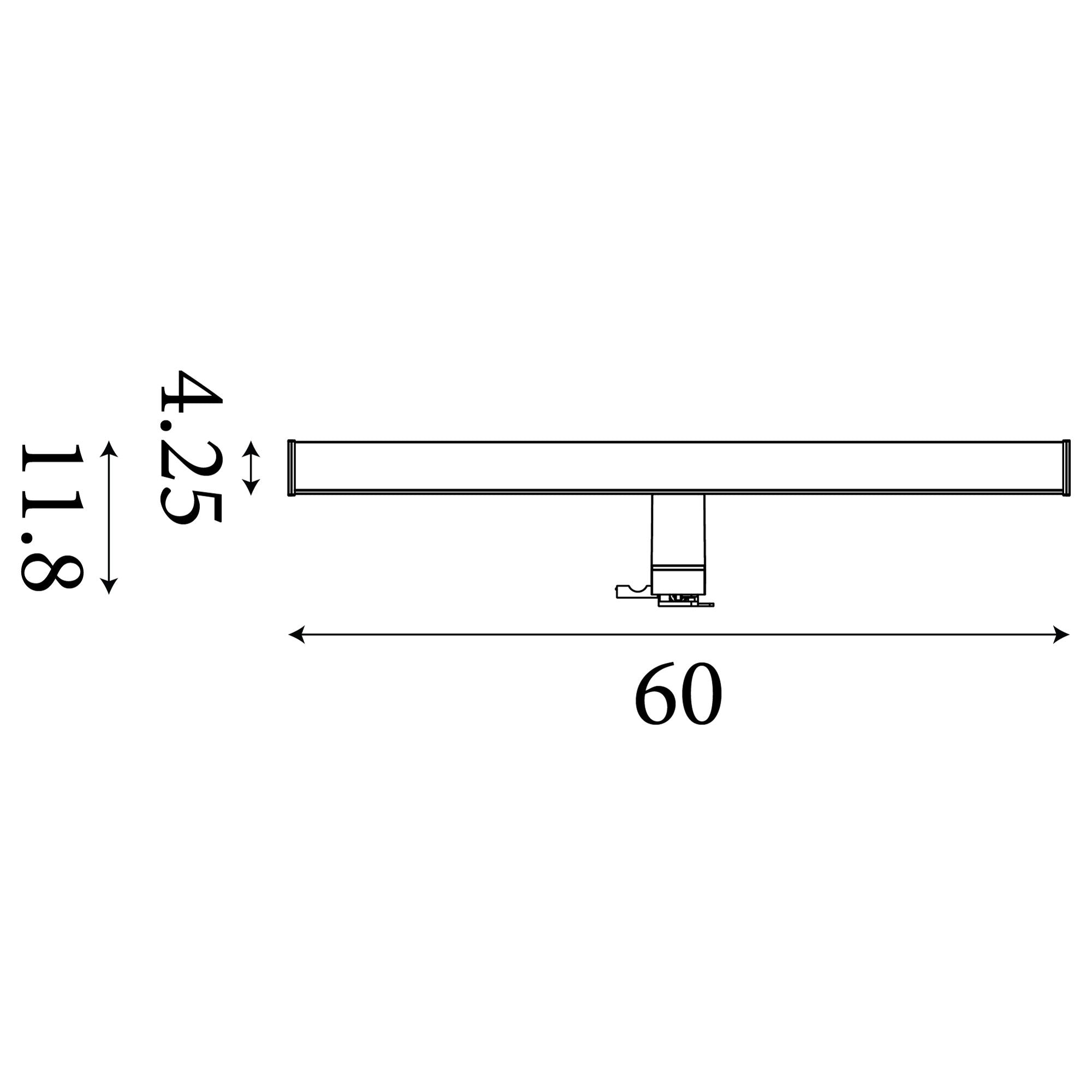 Technical dimension drawing of the Kos mirror light, 60cm wide by 11.8cm deep