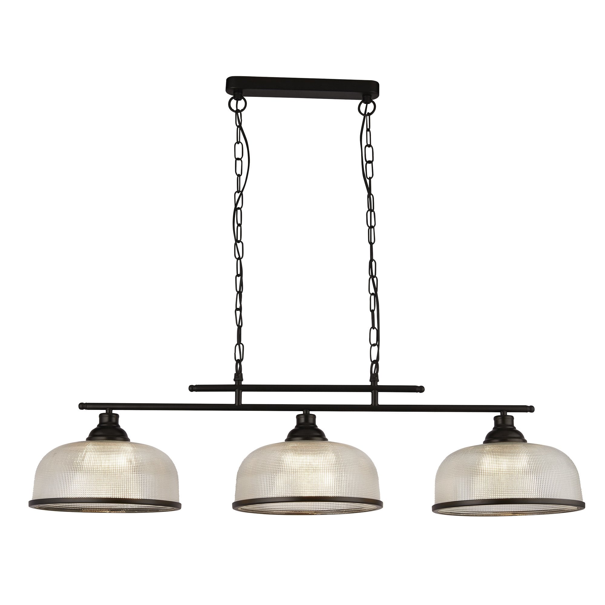 Searchlight Handel Linear 3 Light Pendant - Black Metal & Holophane Style Glass