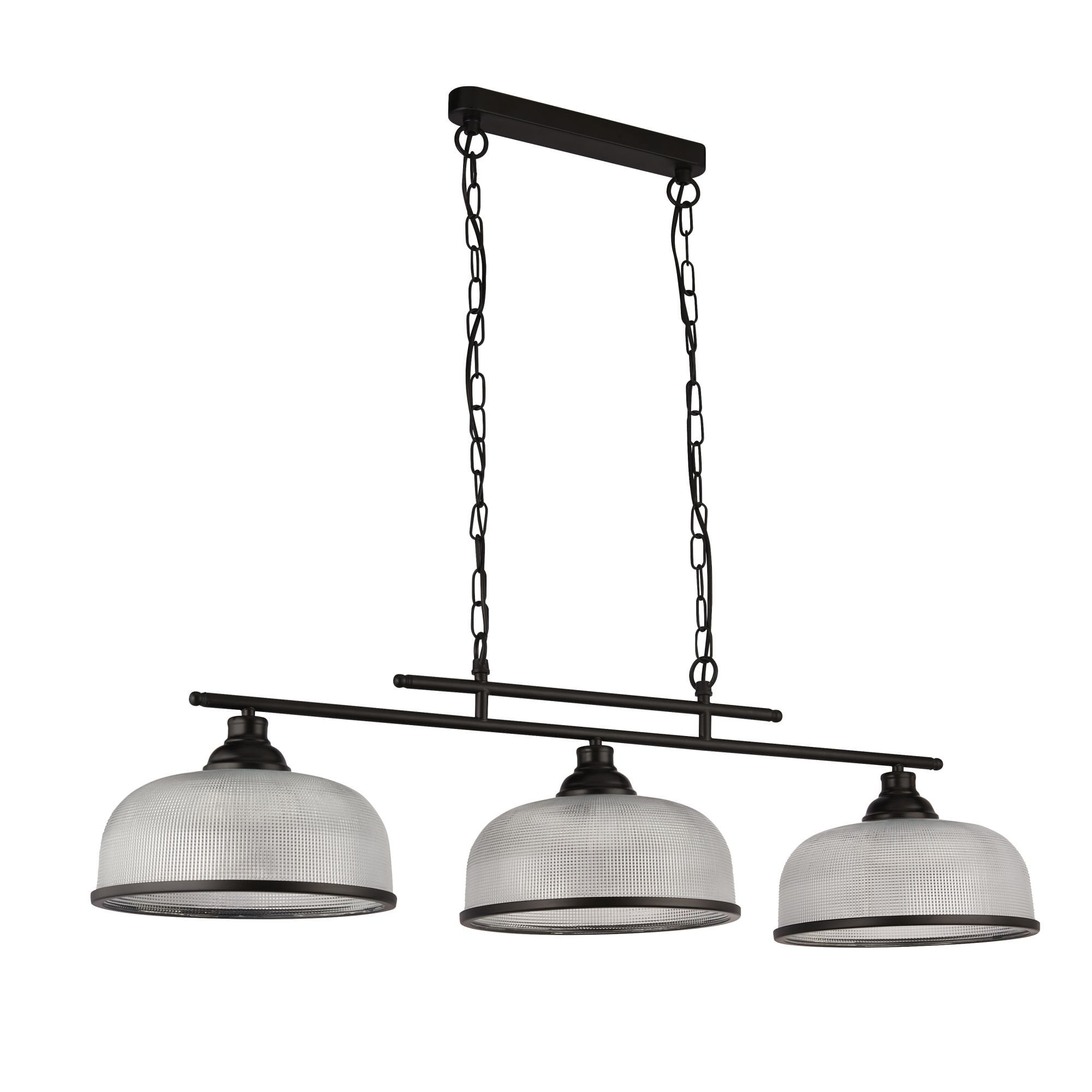 Searchlight Handel Linear 3 Light Pendant - Black Metal & Holophane Style Glass