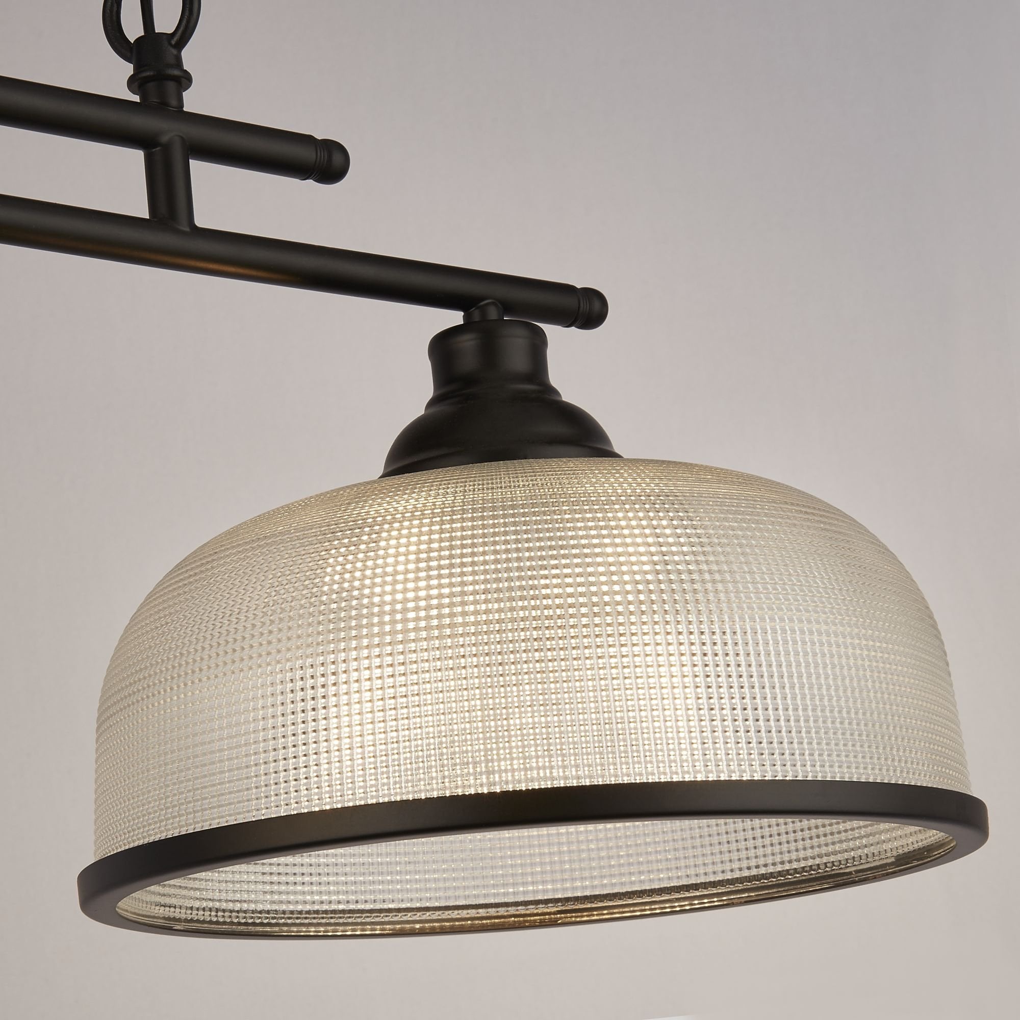 Searchlight Handel Linear 3 Light Pendant - Black Metal & Holophane Style Glass