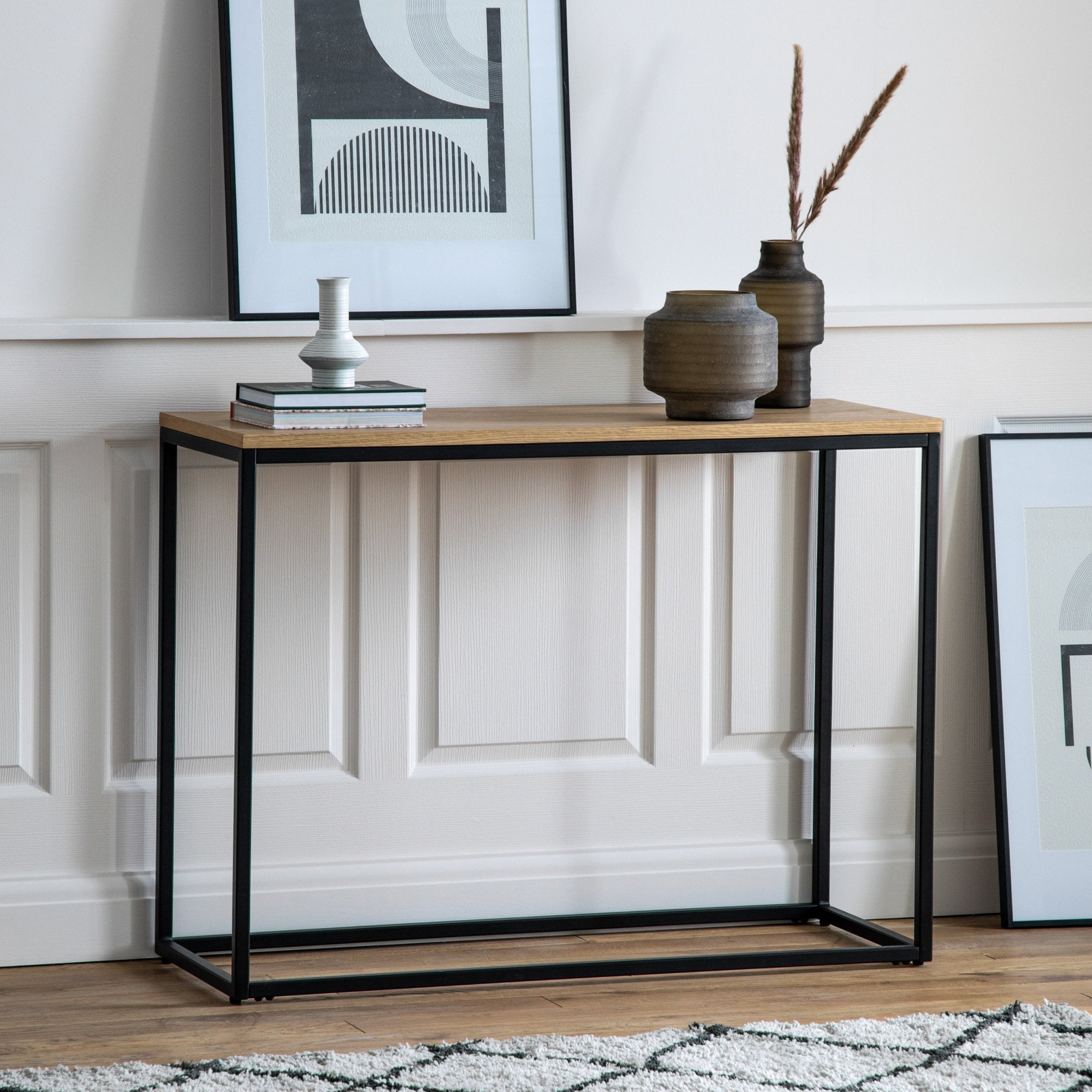 Mura Hay Console Table - Natural Oak Veneer With Matt Black