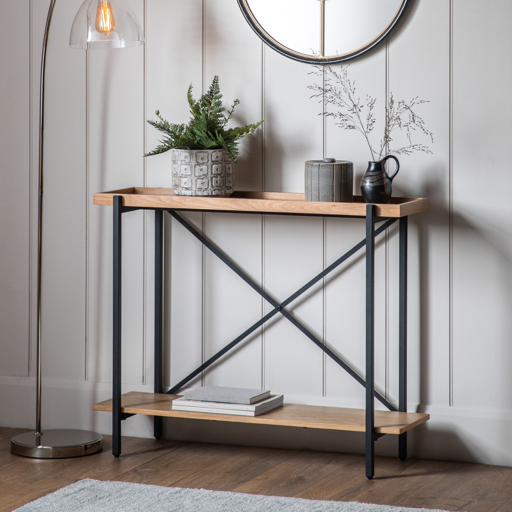 Mura Mounts Bay Console Table - Matt Black & Natural Oak Veneer
