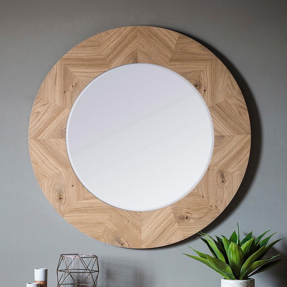 Mura Wickham Chevron Round Wall Mirror - Natural Oak
