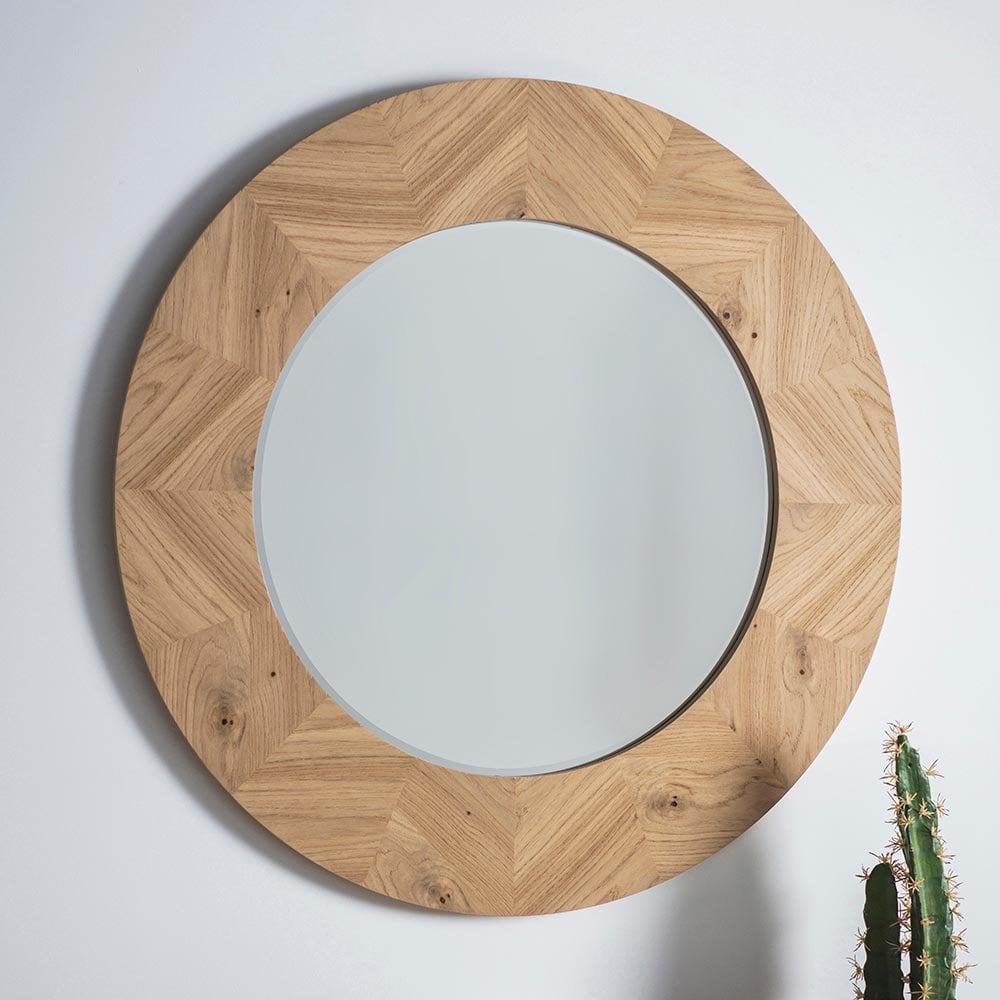 Mura Wickham Chevron Round Wall Mirror - Natural Oak
