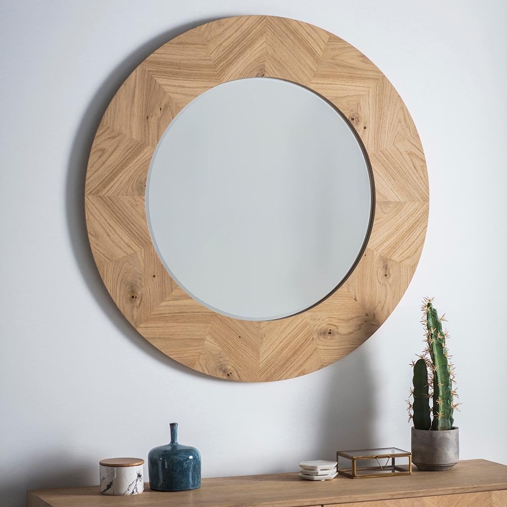Mura Wickham Chevron Round Wall Mirror - Natural Oak