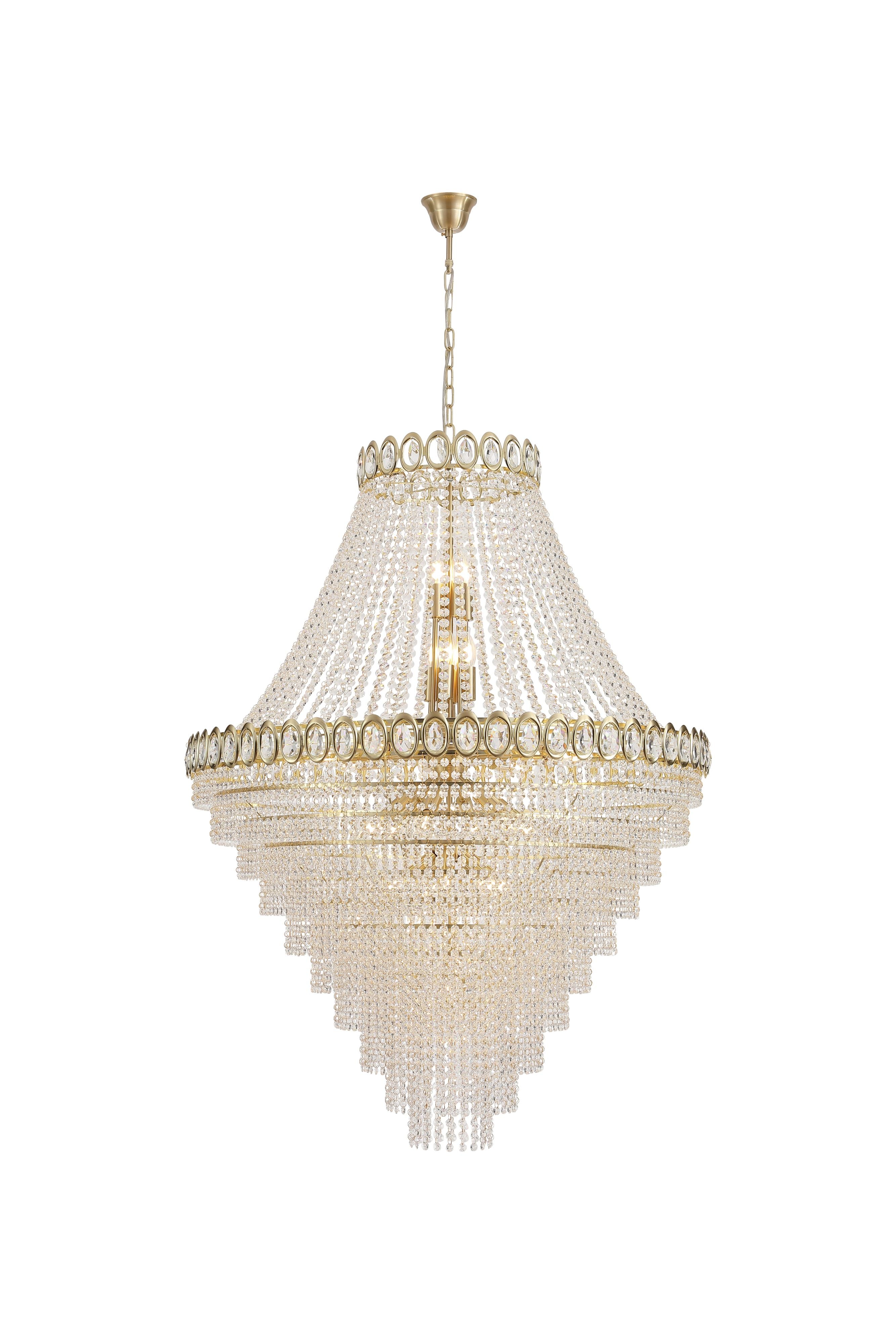 Searchlight Louis Phillipe 28 Light Chandelier in satin brass, full length studio shot on a white background showing the tiered crystal skirts and suspension chain
