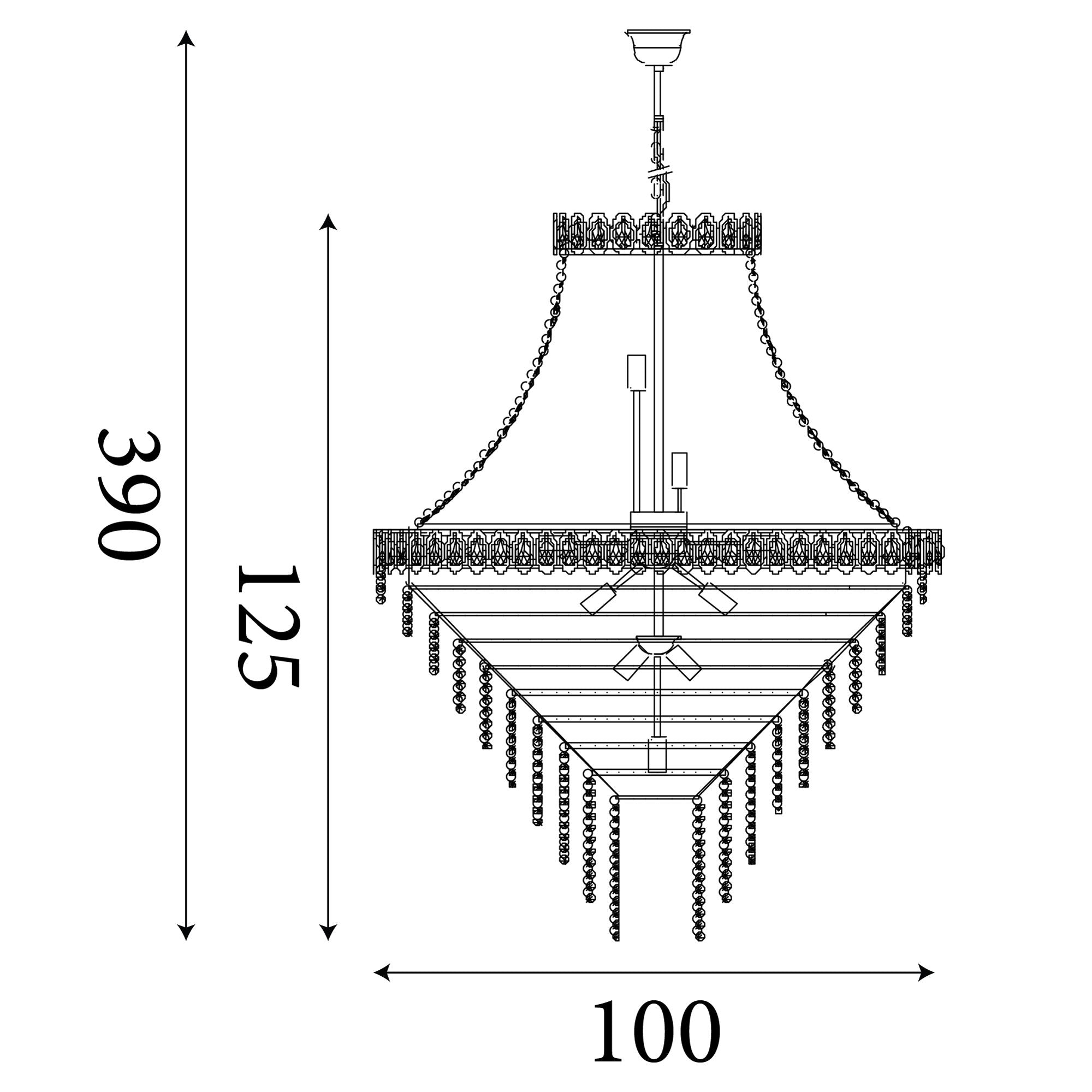 Technical line drawing of the Louis Phillipe 28 Light Chandelier showing a height of 125cm, width of 100cm and maximum drop of 390cm