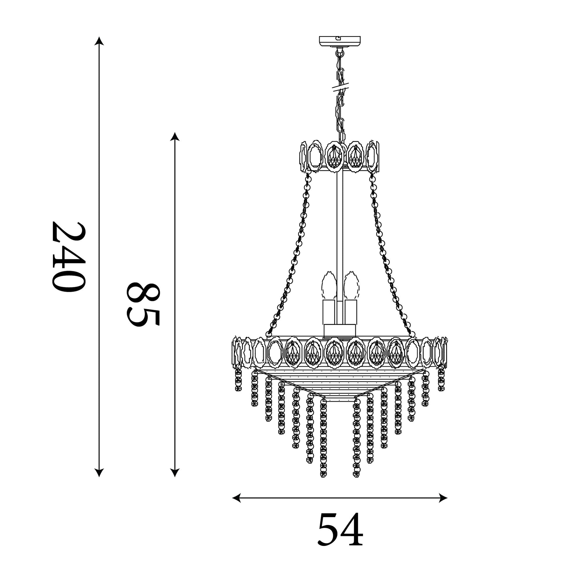 Technical line drawing of the Louis Phillipe 11 Light Pendant showing a width of 54cm and heights of 85cm and 240cm