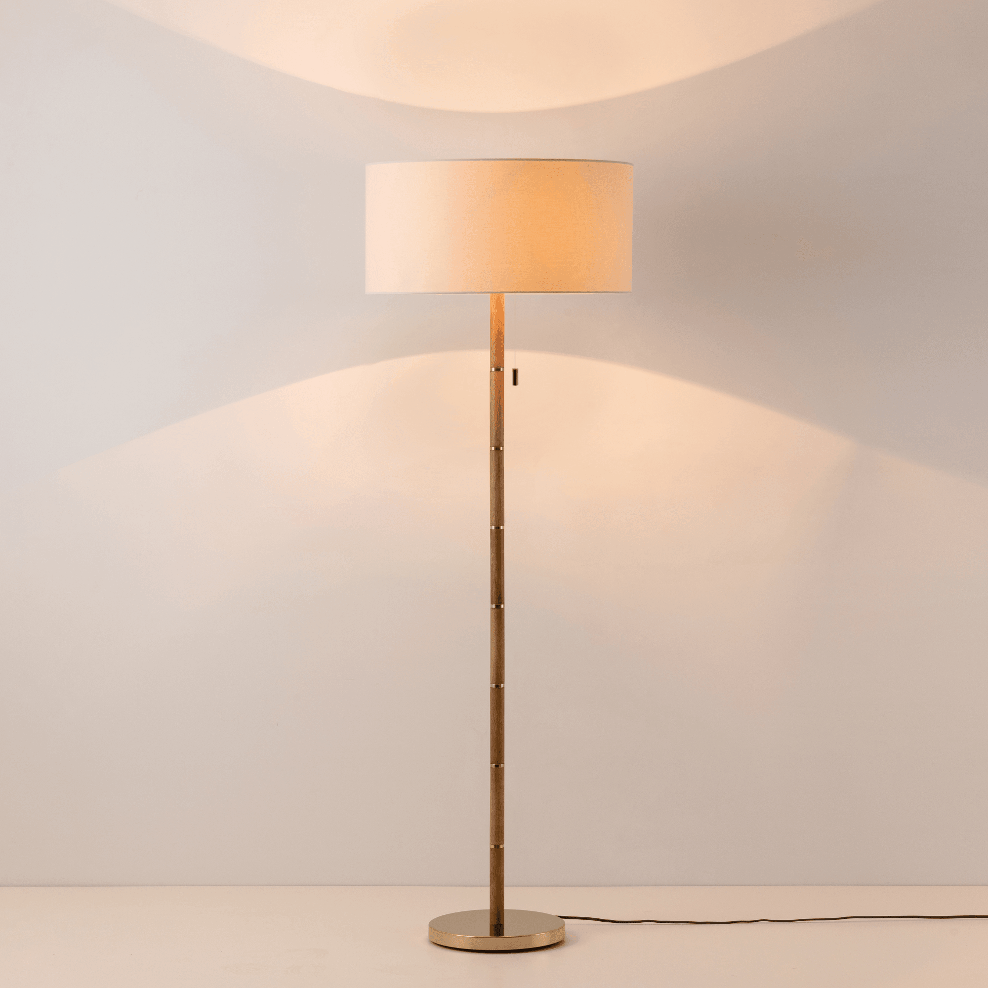 houseof. Disk Floor Lamp - Wooden & Brass with Cream Linen Shade
