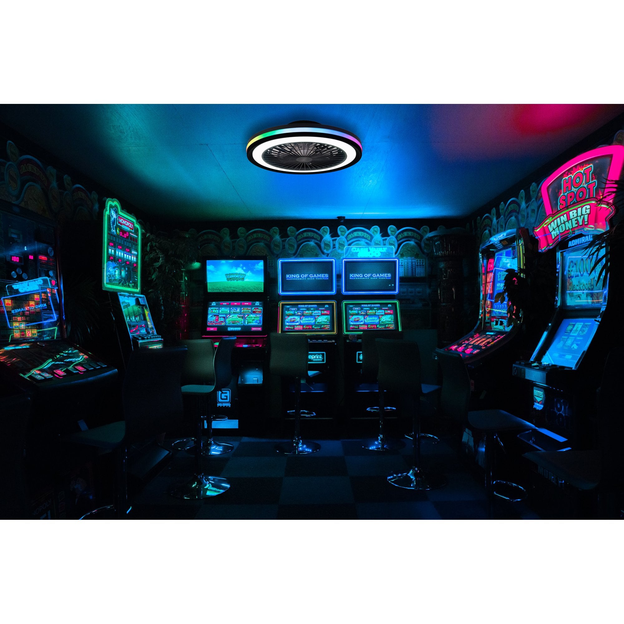 Mantra Gamer 60W LED Dimmable White, RGB Ceiling Light & Fan, Remote - White