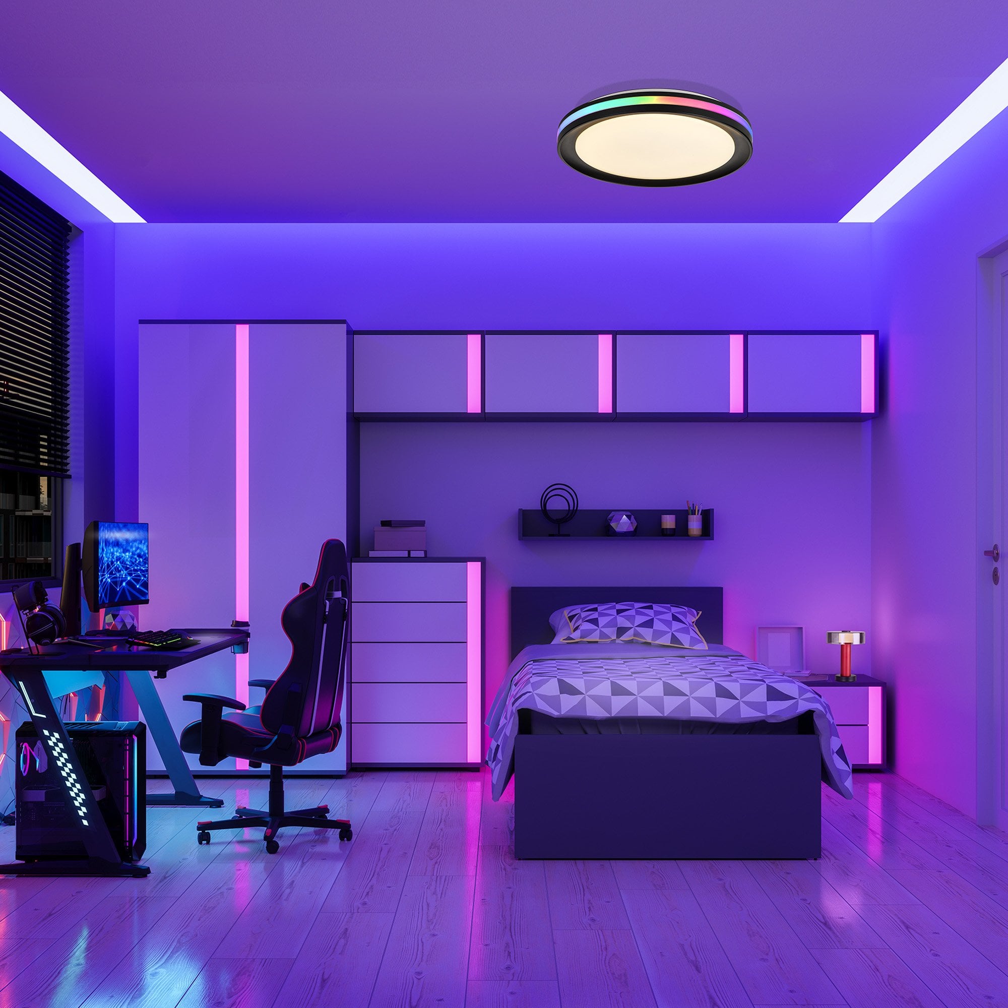 Mantra Gamer 60W LED Dimmable White, RGB Ceiling Light & Fan, Remote - White