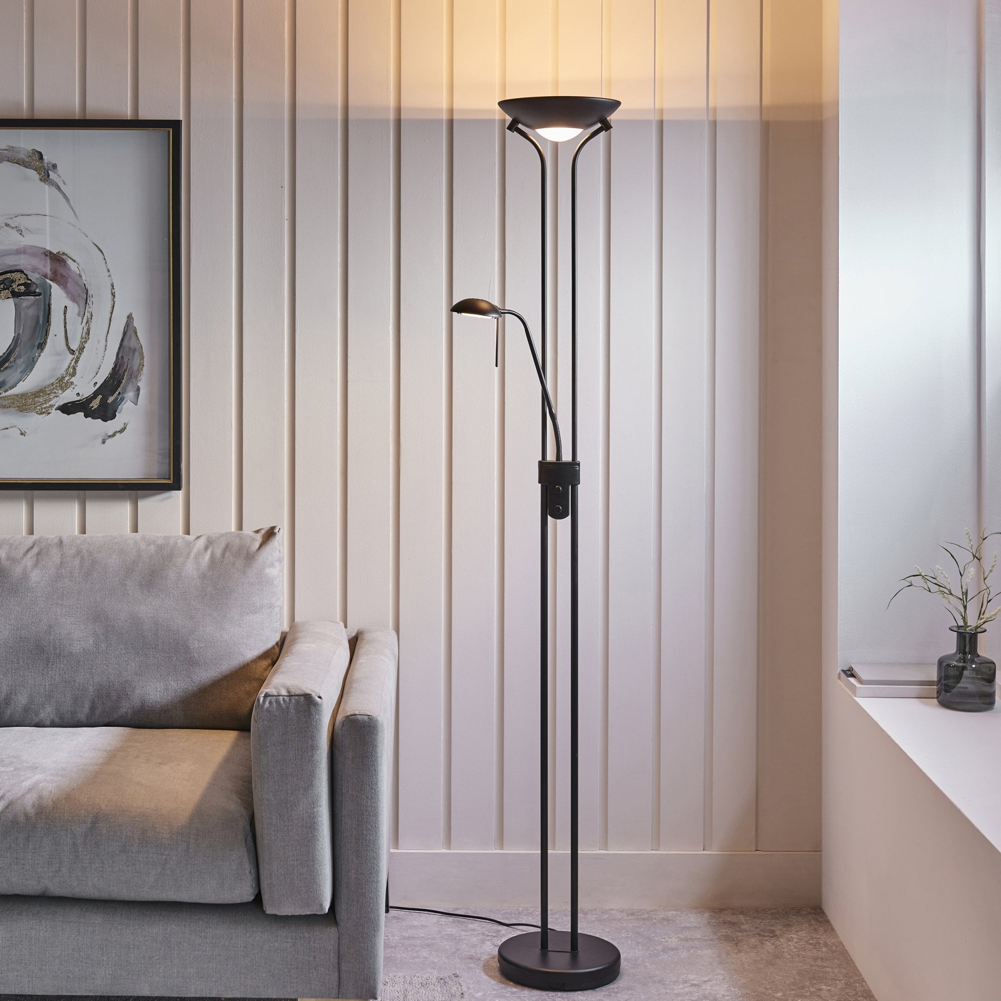 Endon Rome 2 Light Floor Lamp - Matt Black & Opal Glass