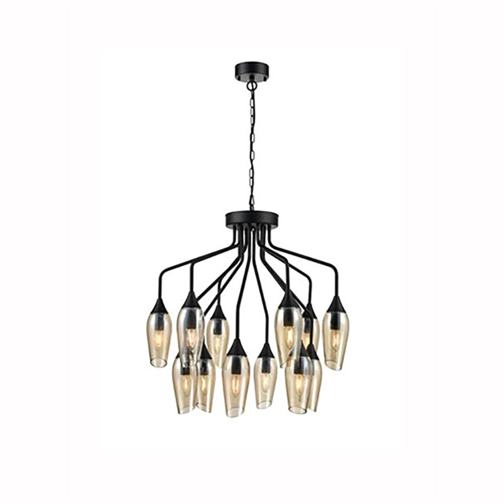 Franklite Taper 12 Light Pendant - Matt Black &  Amber Glass