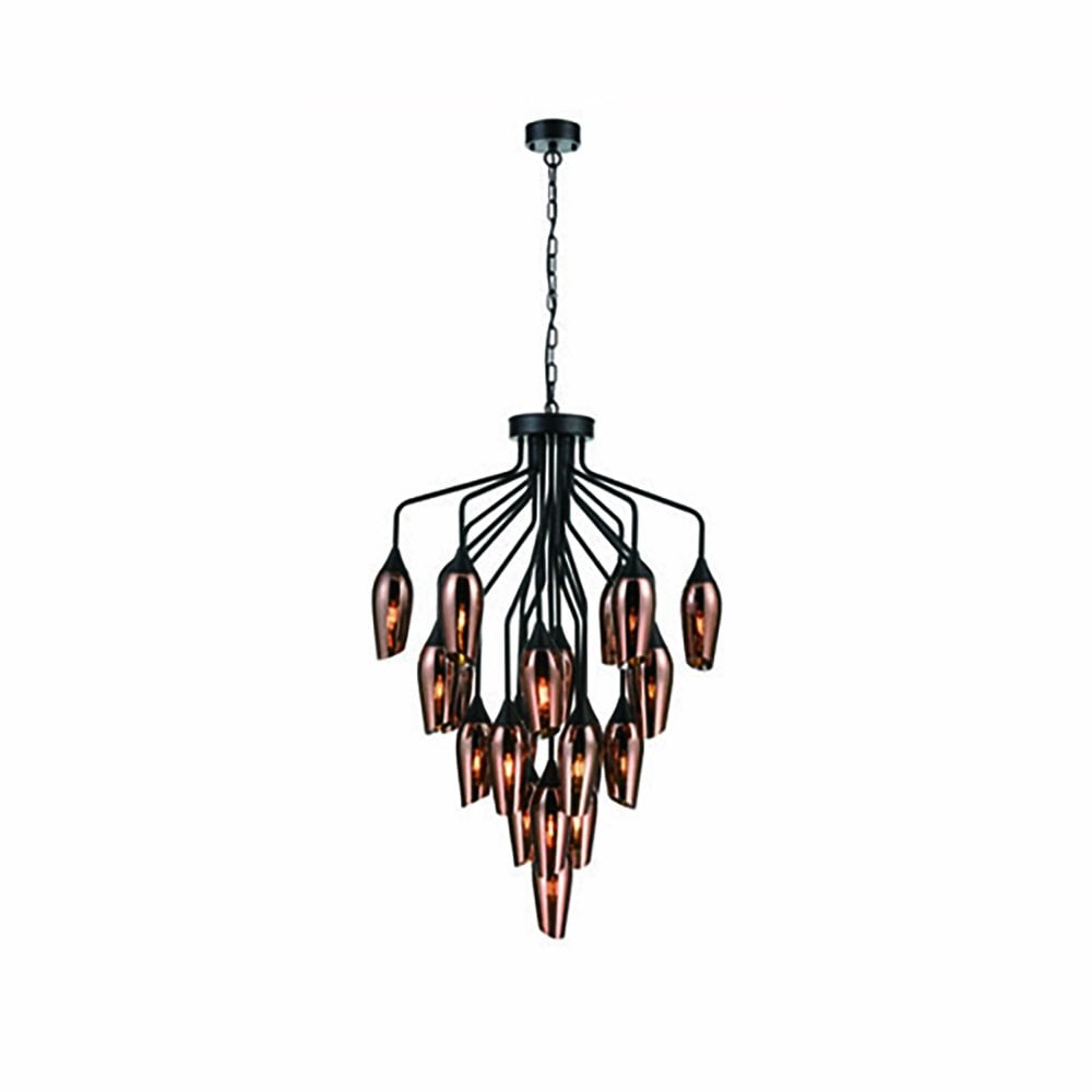 Franklite Taper 22 Light Pendant - Matt Black & Copper Glass