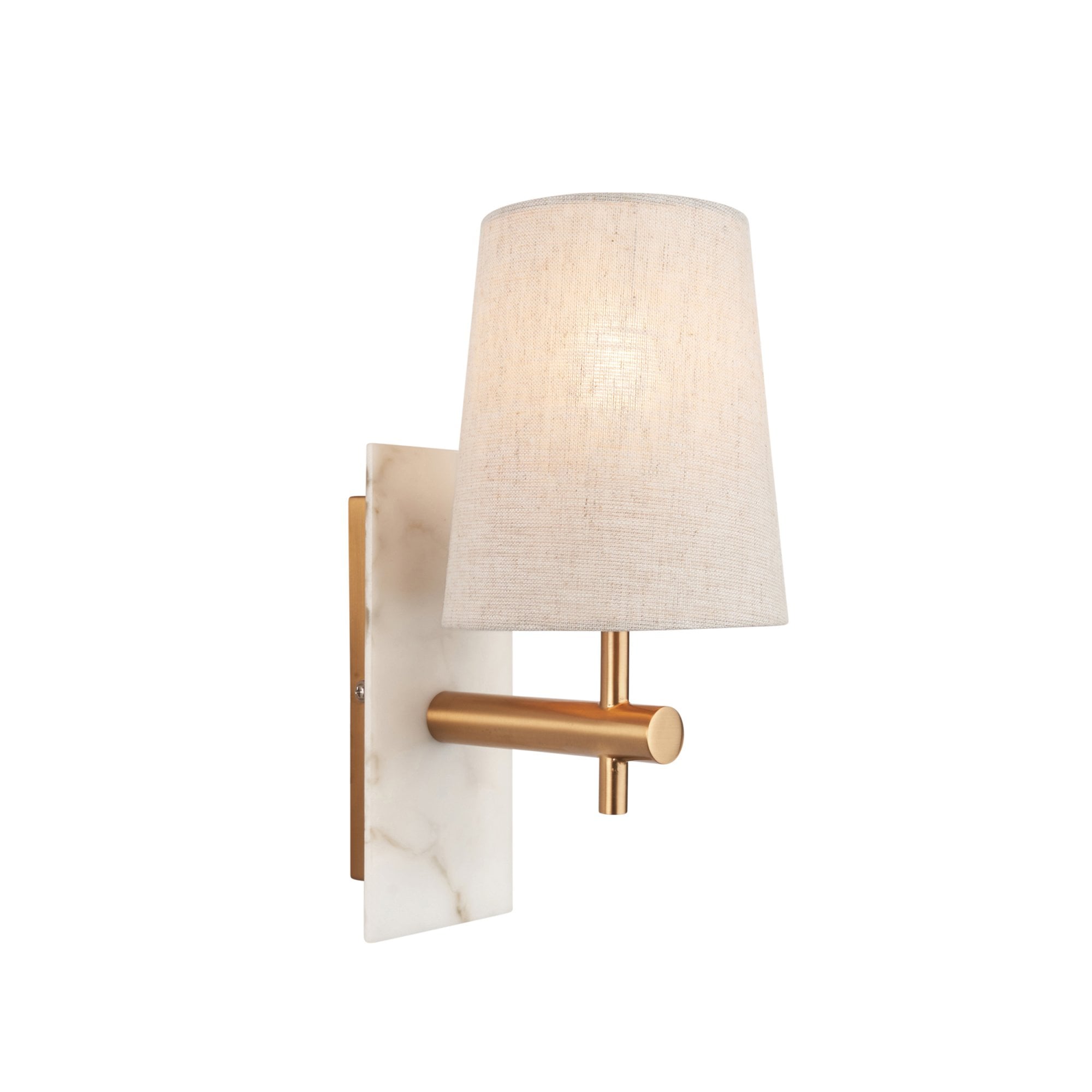 Utopia Spire Single White Marble Wall Light - Vintage Brass & Natural Tapered Shade