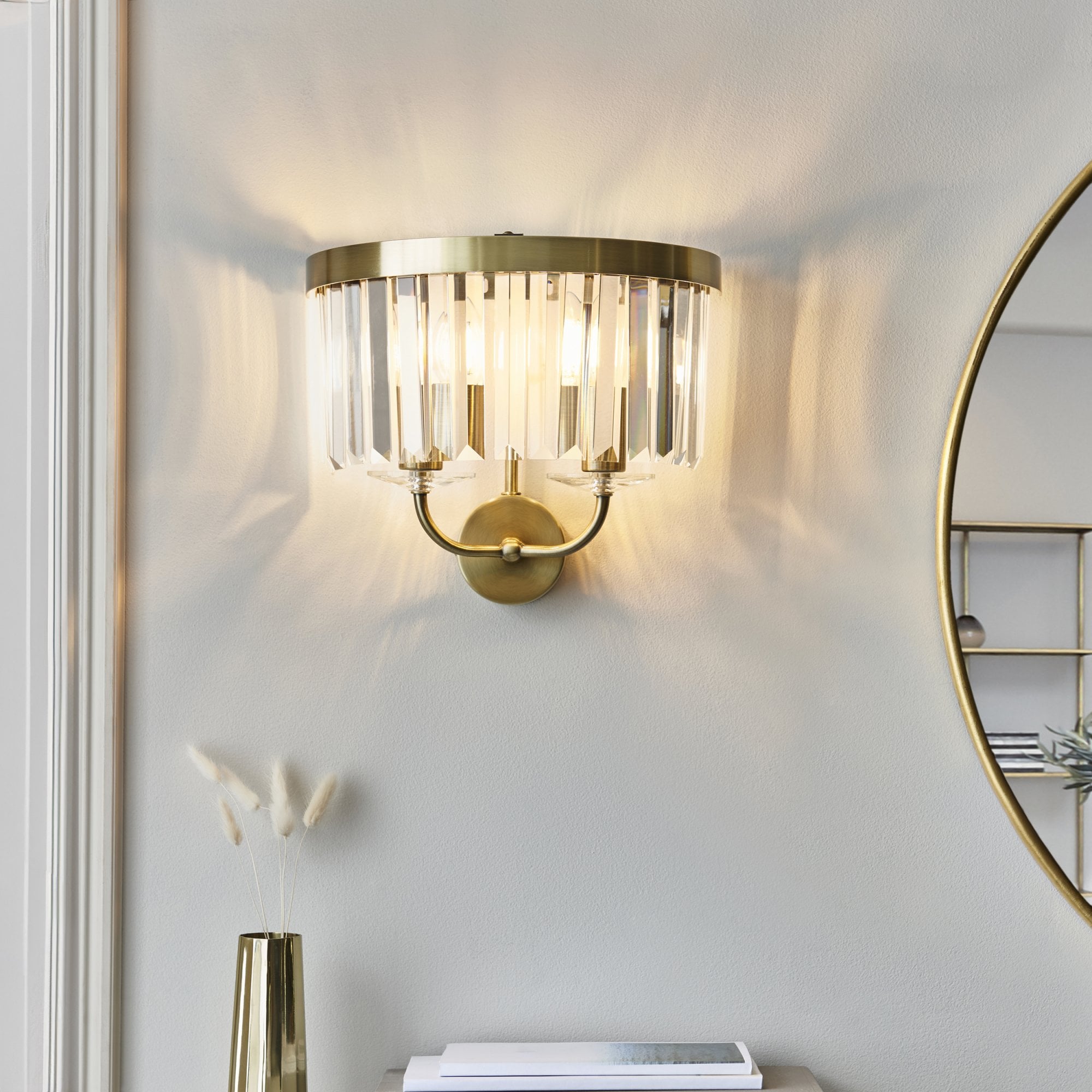 Utopia Martini 2 Light Wall Light - Antique Brass & Clear Cut Glass