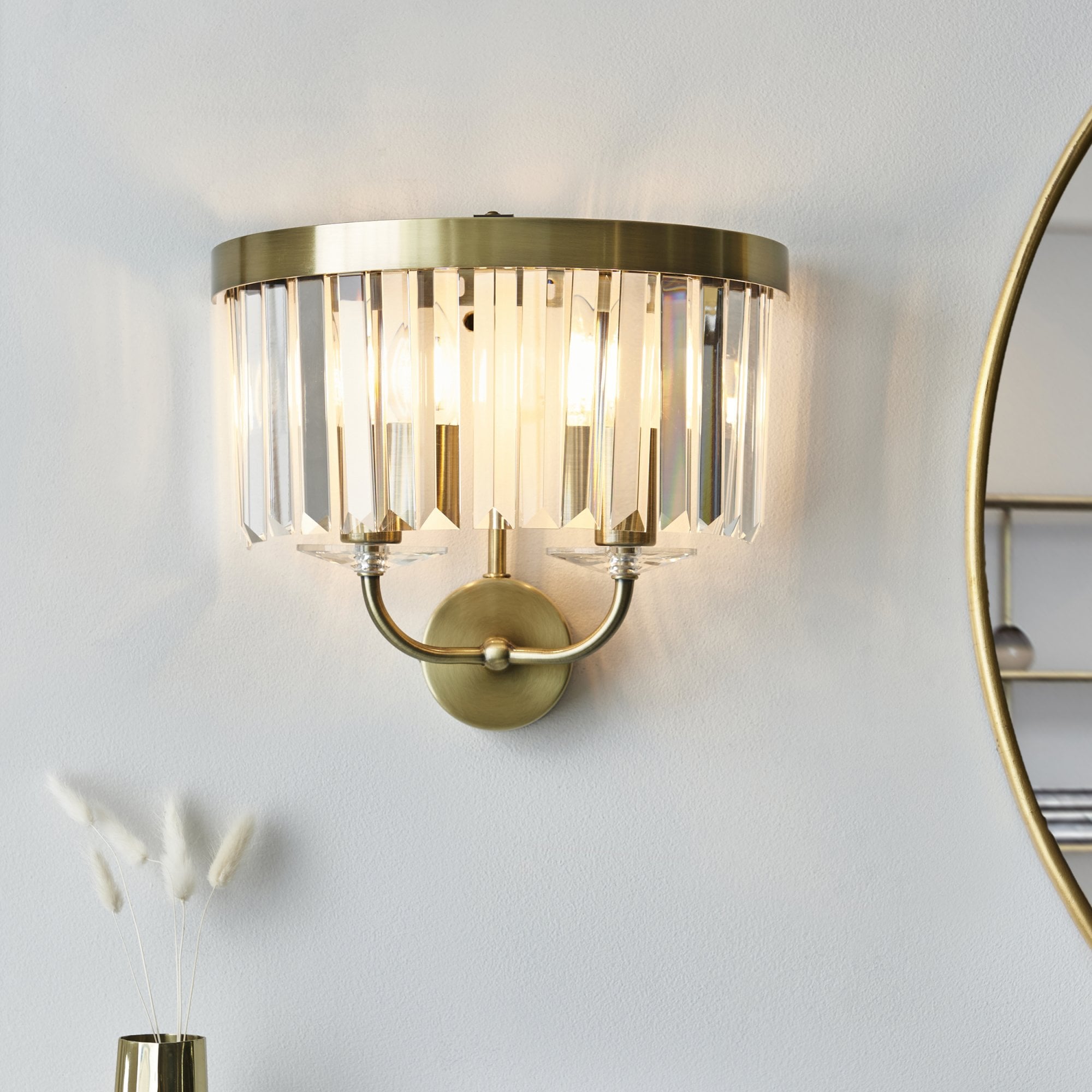 Utopia Martini 2 Light Wall Light - Antique Brass & Clear Cut Glass