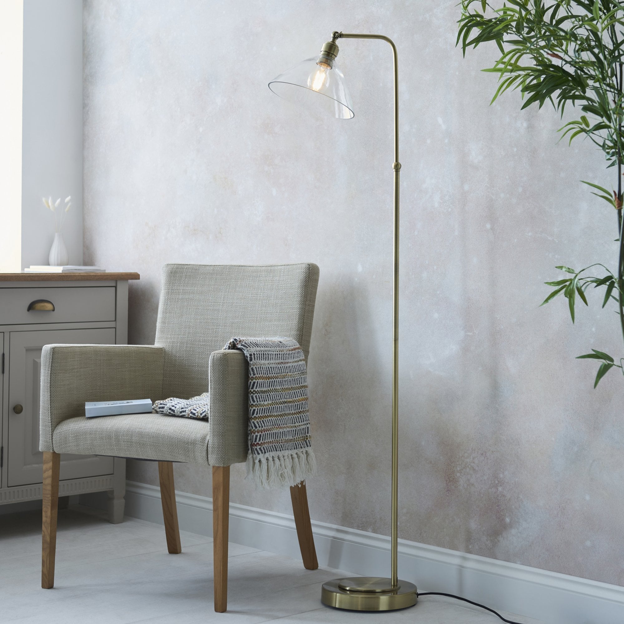 Utopia Diner Single Floor Lamp - Antique Brass & Clear Glass