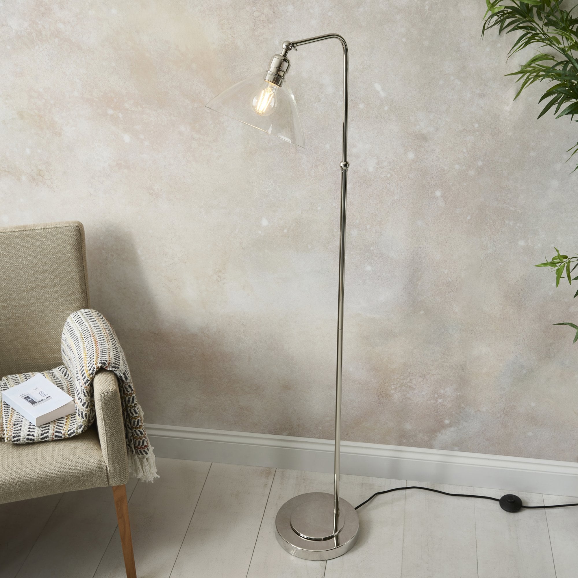 Utopia Diner Single Floor Lamp - Bright Nickel & Clear Glass