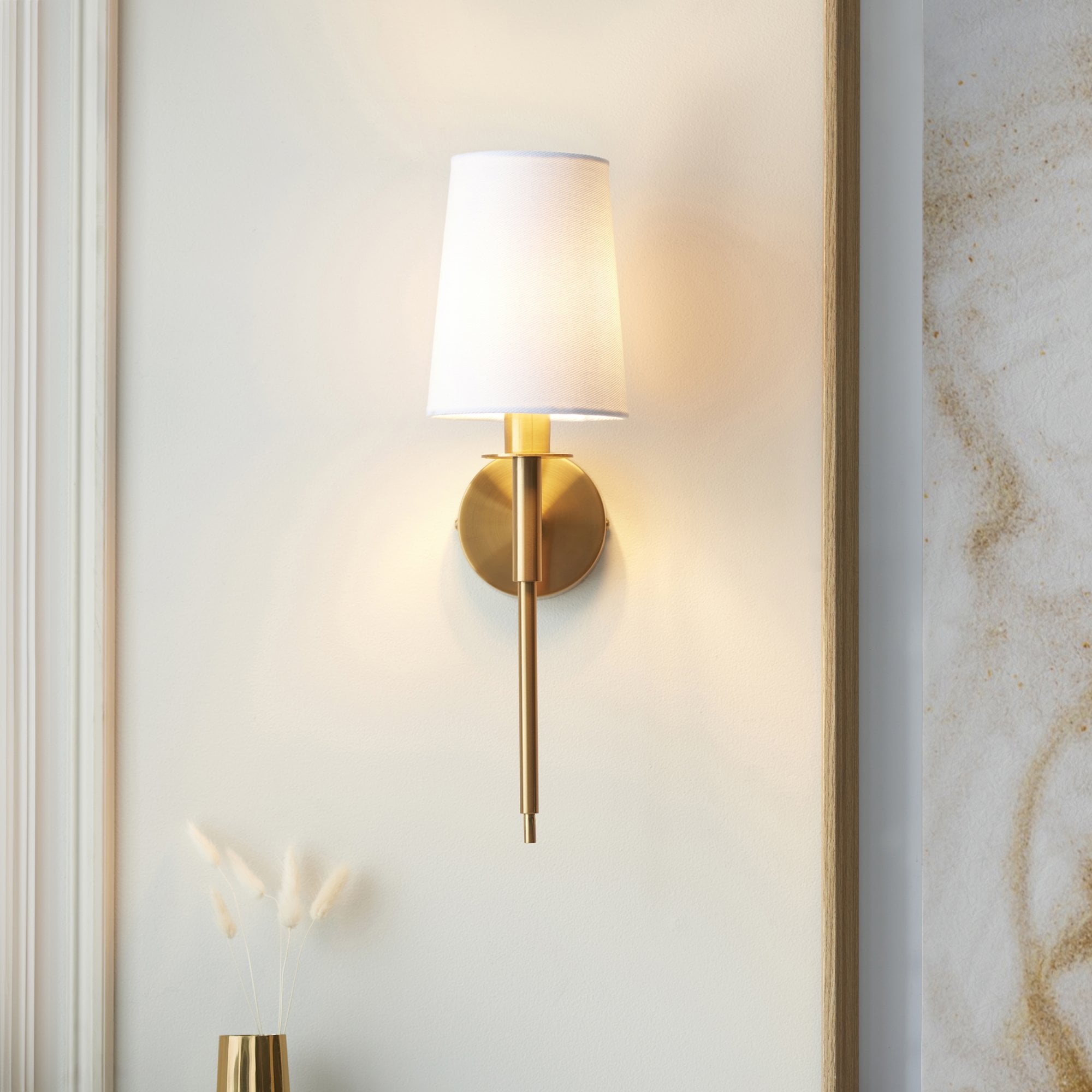 Utopia Elegant Single Wall Light  - Vintage Brass & White Fabric Shade