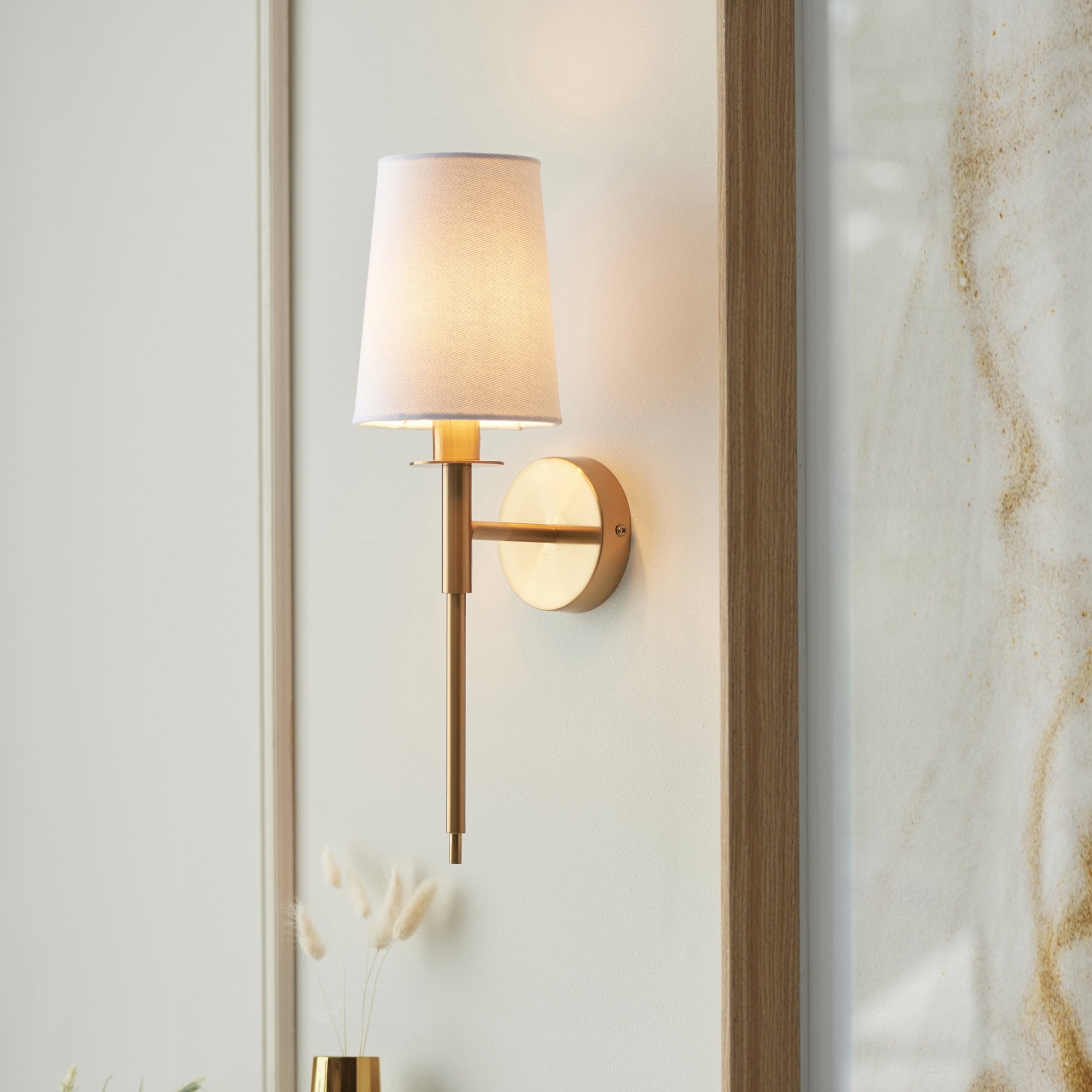 Utopia Elegant Single Wall Light  - Vintage Brass & White Fabric Shade