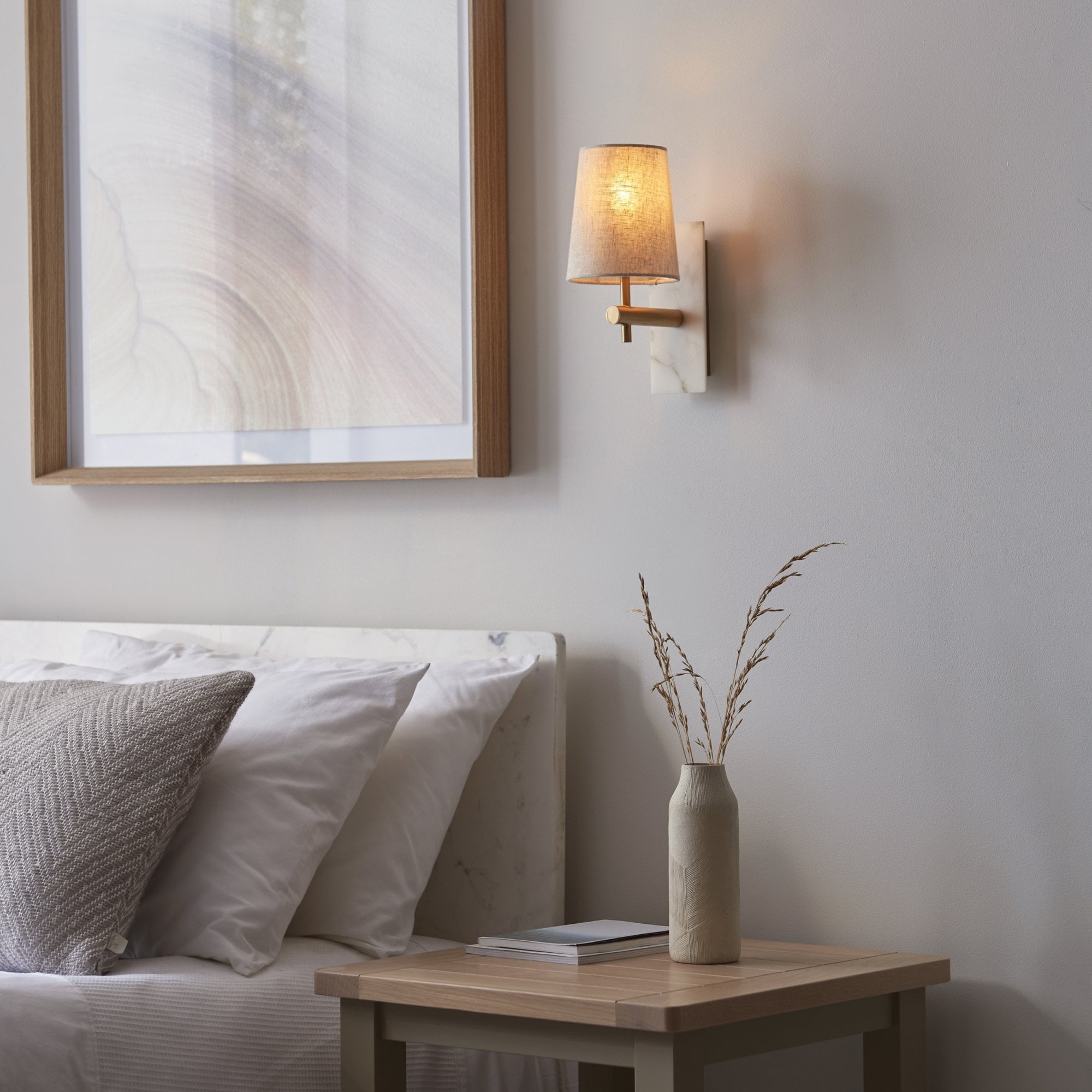 Utopia Spire Single White Marble Wall Light - Vintage Brass & Natural Tapered Shade