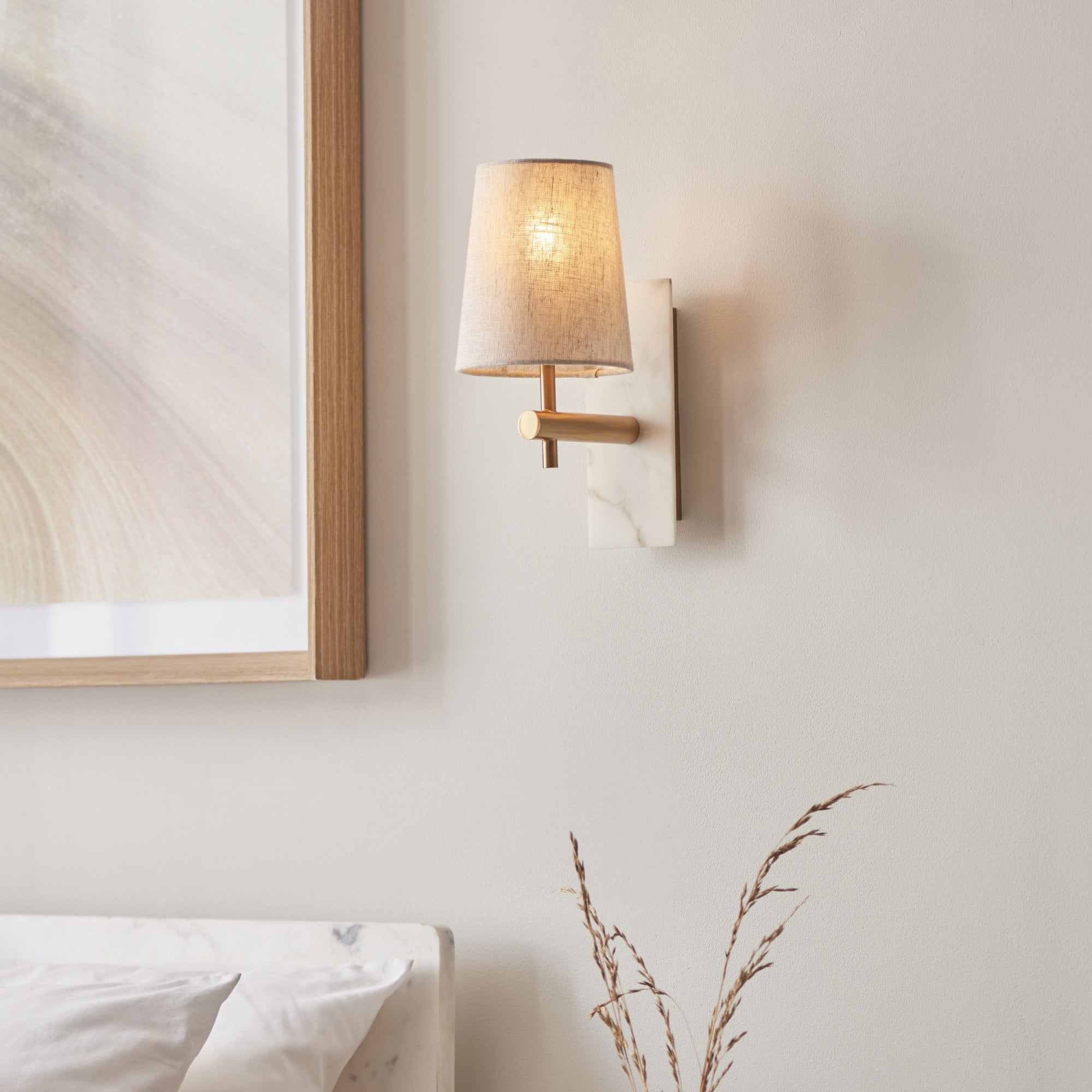 Utopia Spire Single White Marble Wall Light - Vintage Brass & Natural Tapered Shade