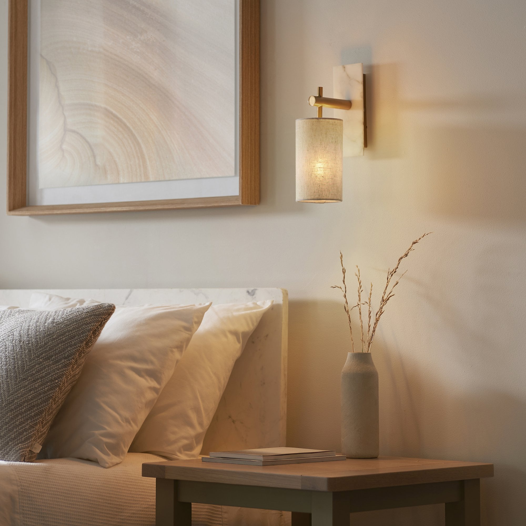 Utopia Spire Single White Marble Wall Light - Vintage Brass & Natural Cylindrical Shade