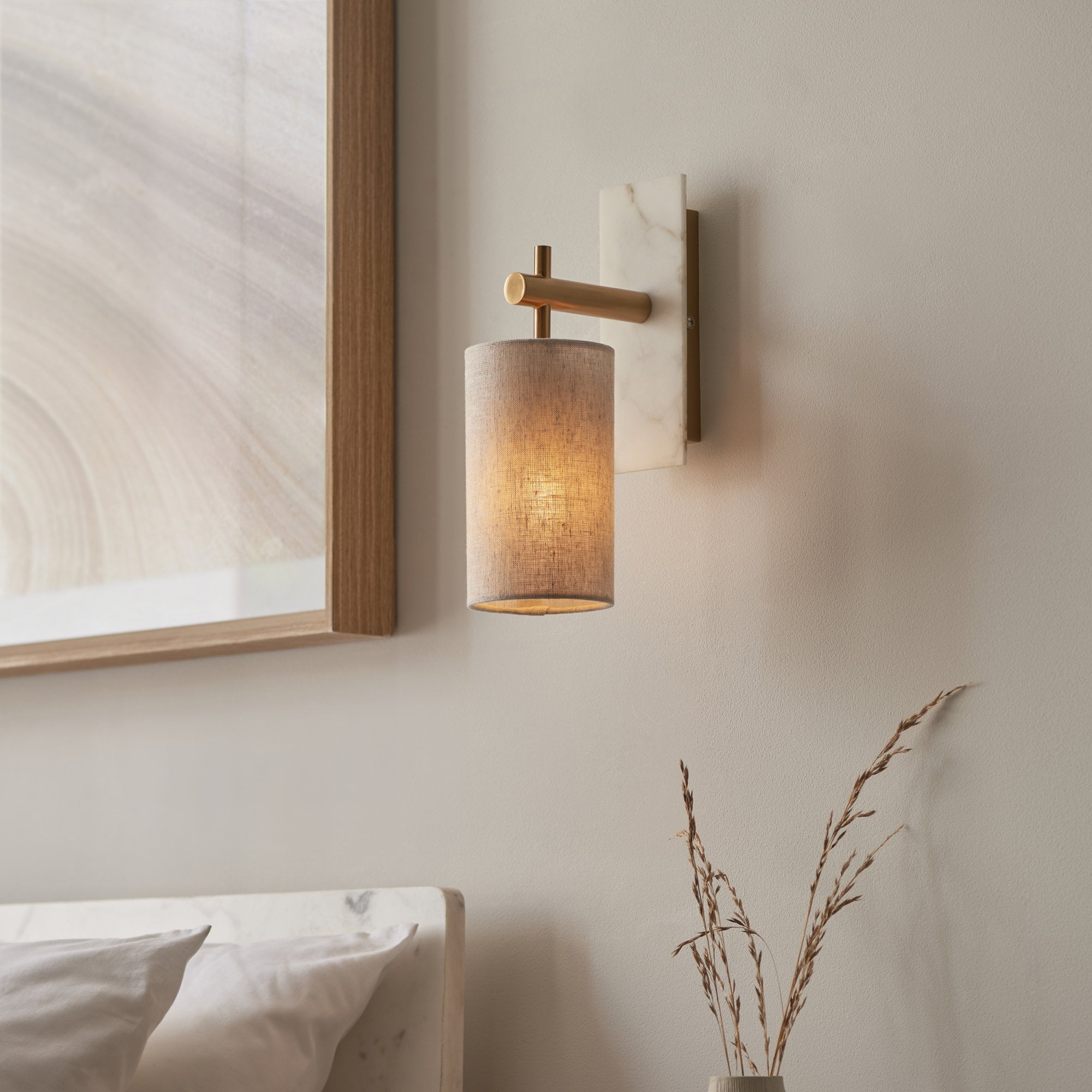 Utopia Spire Single White Marble Wall Light - Vintage Brass & Natural Cylindrical Shade