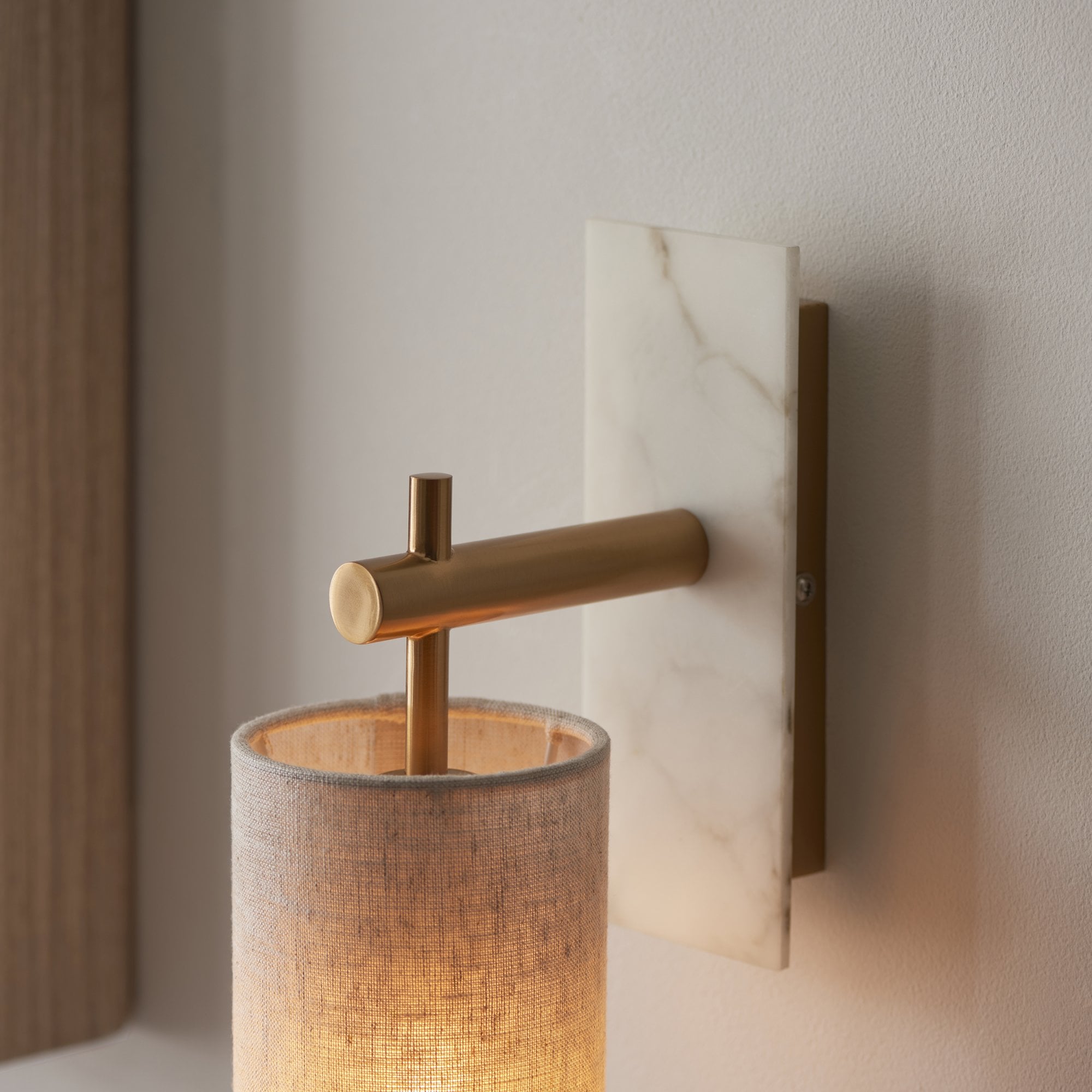 Utopia Spire Single White Marble Wall Light - Vintage Brass & Natural Cylindrical Shade