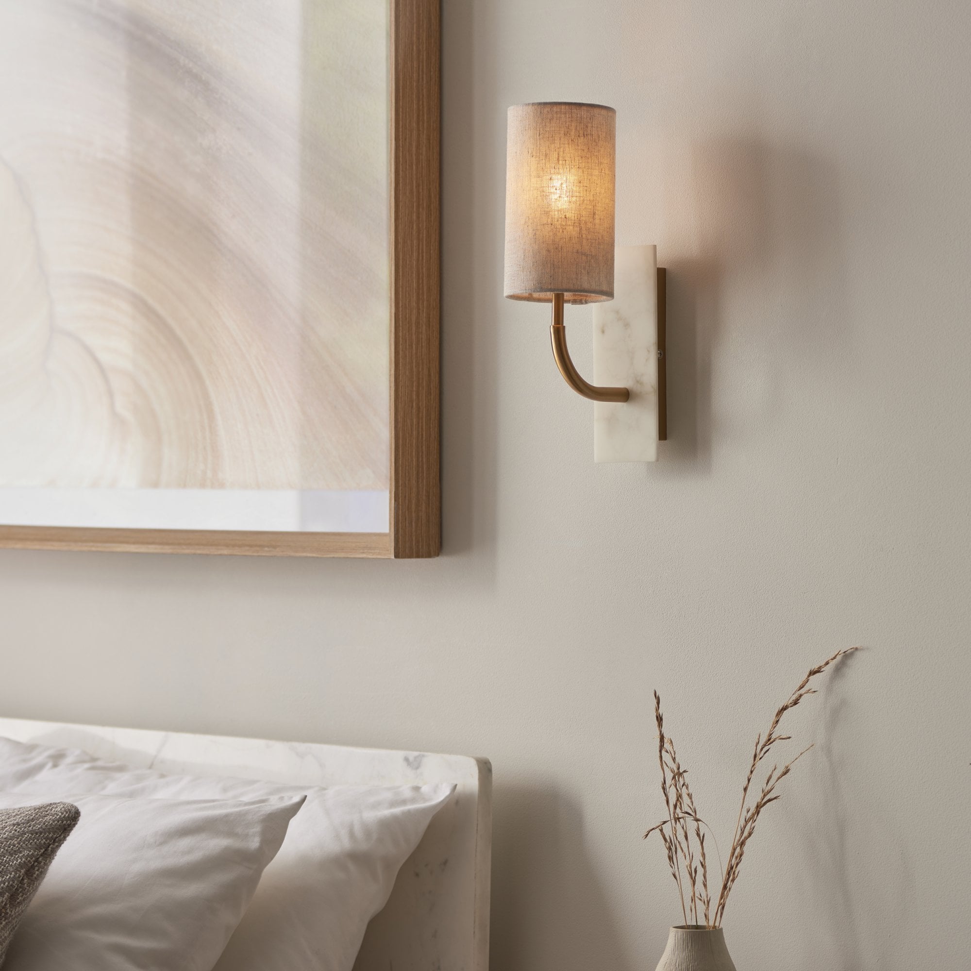 Utopia Spire Single White Marble Curved Arm Wall Light - Vintage Brass & Natural Cylindrical Shade