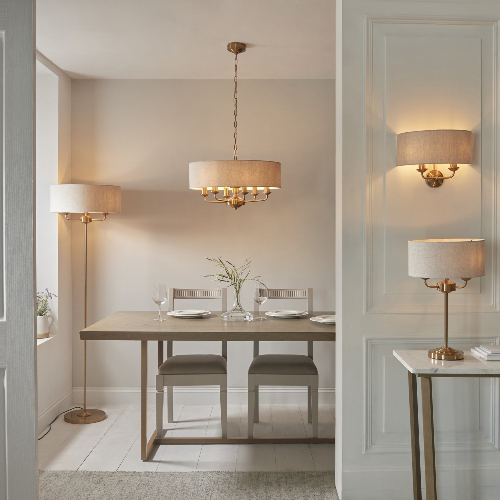Endon Highclere 6 Light Pendant - Vintage Brass & Natural Linen